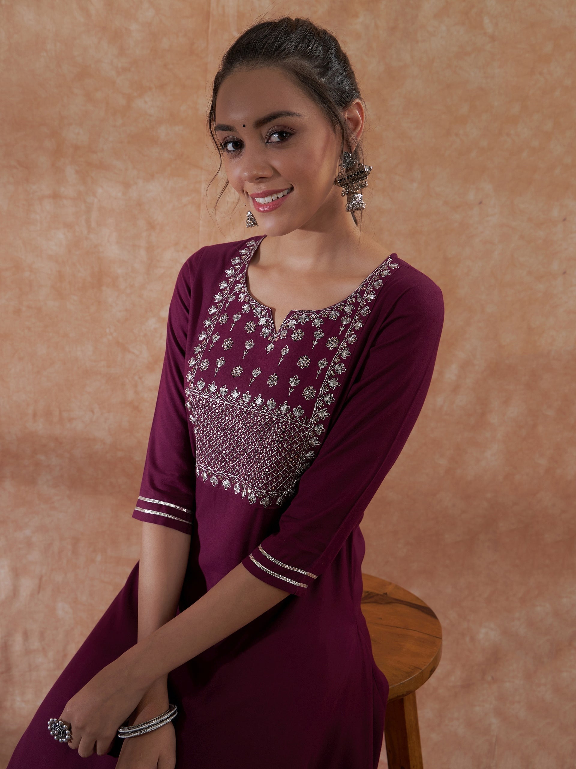 InWeave Women's Burgundy Emb Assymetrical Kurta Pant Set