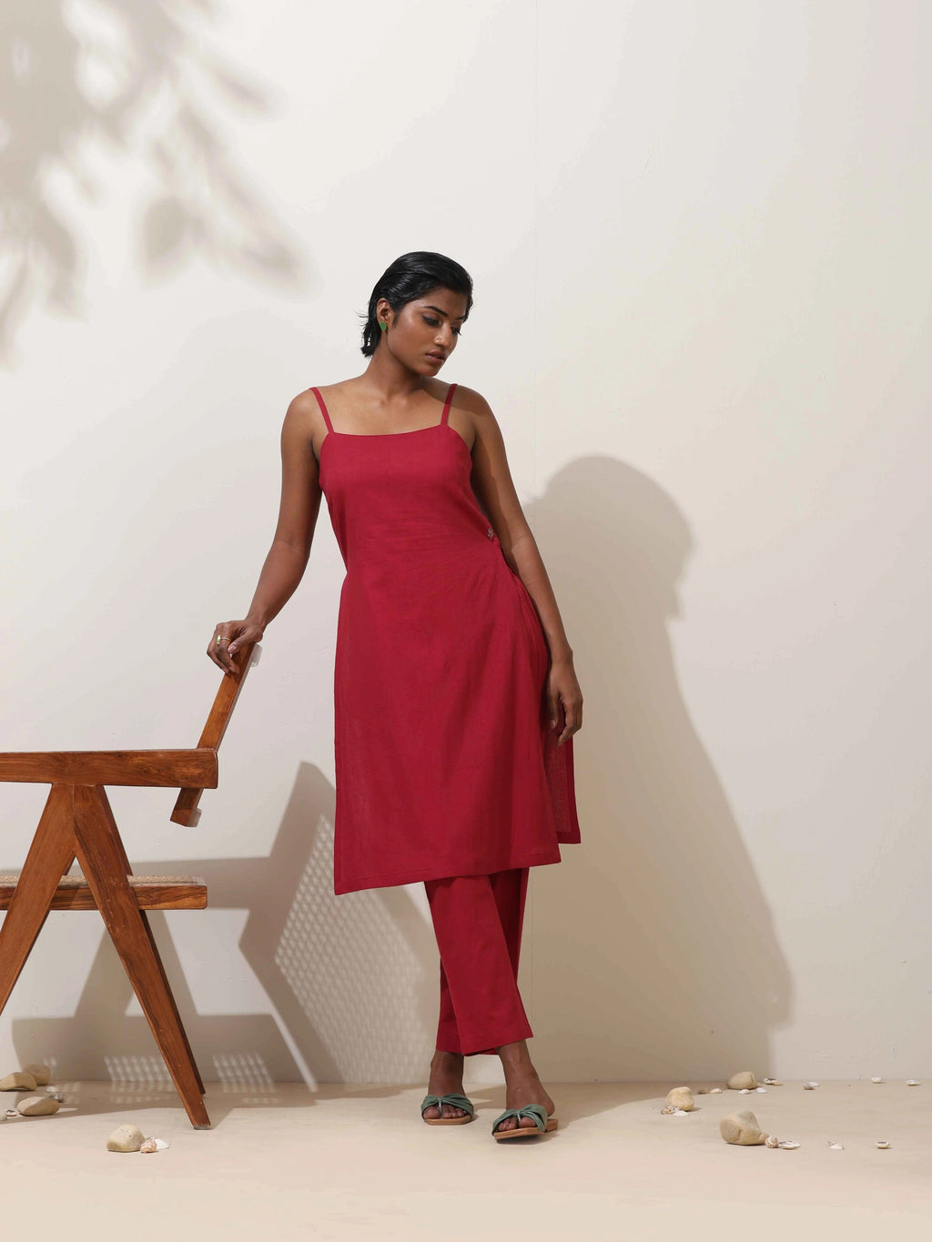trueBrowns Maroon Cotton Linen Kurta Co-Ord Set