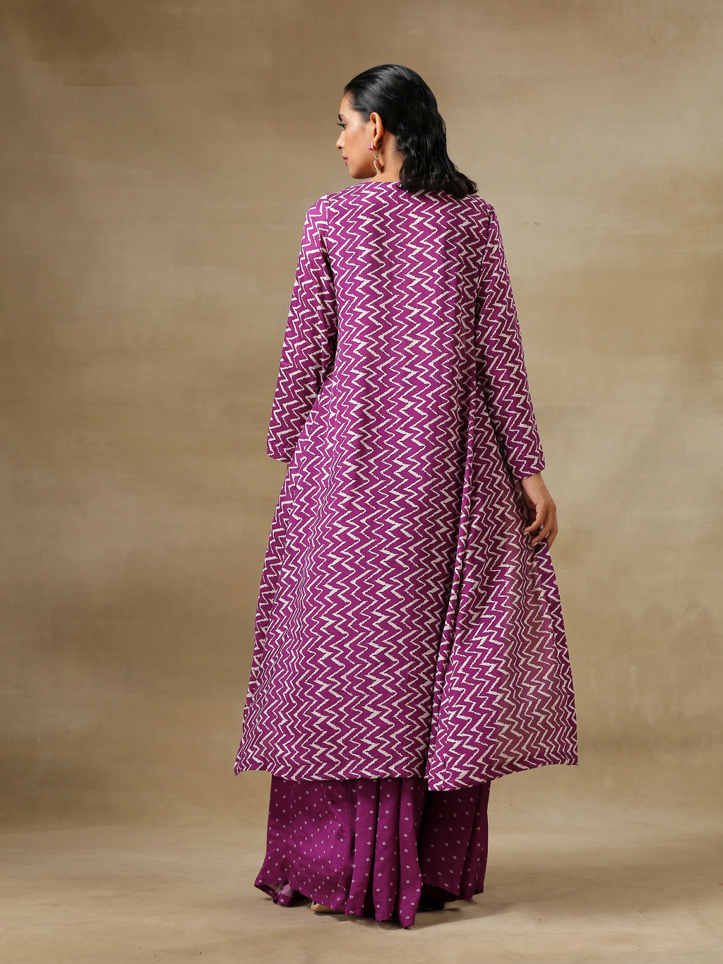 trueBrowns Purple Bandhani Printed Silk Top Skirt Jacket Set