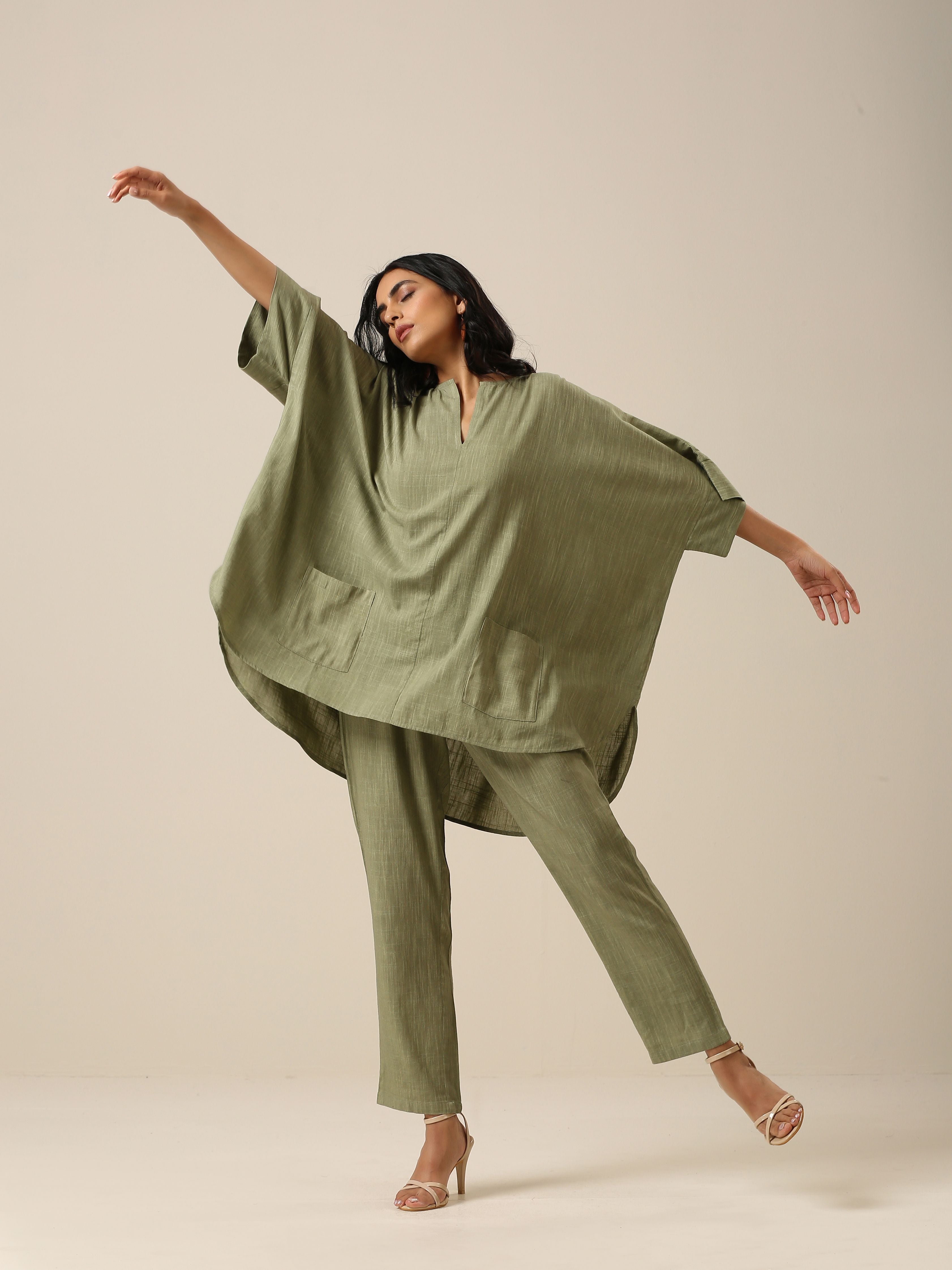 trueBrowns Sage Slub Texture Boxy Fit High Low Co-Ord Set