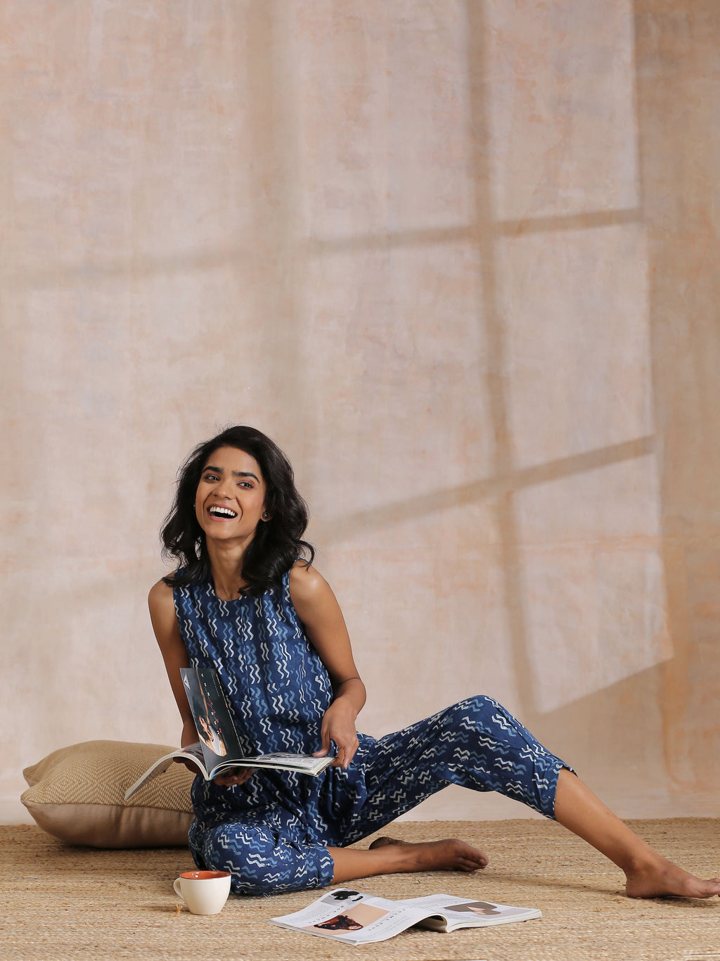 trueBrowns Indigo Dabu Zig-Zag Motifs Print Cotton Sleeveless Co-Ord Set
