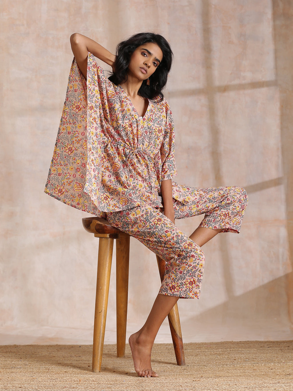 trueBrowns Multicolor Beige Overall Floral Block Print Cotton Kaftan Co-Ord Set