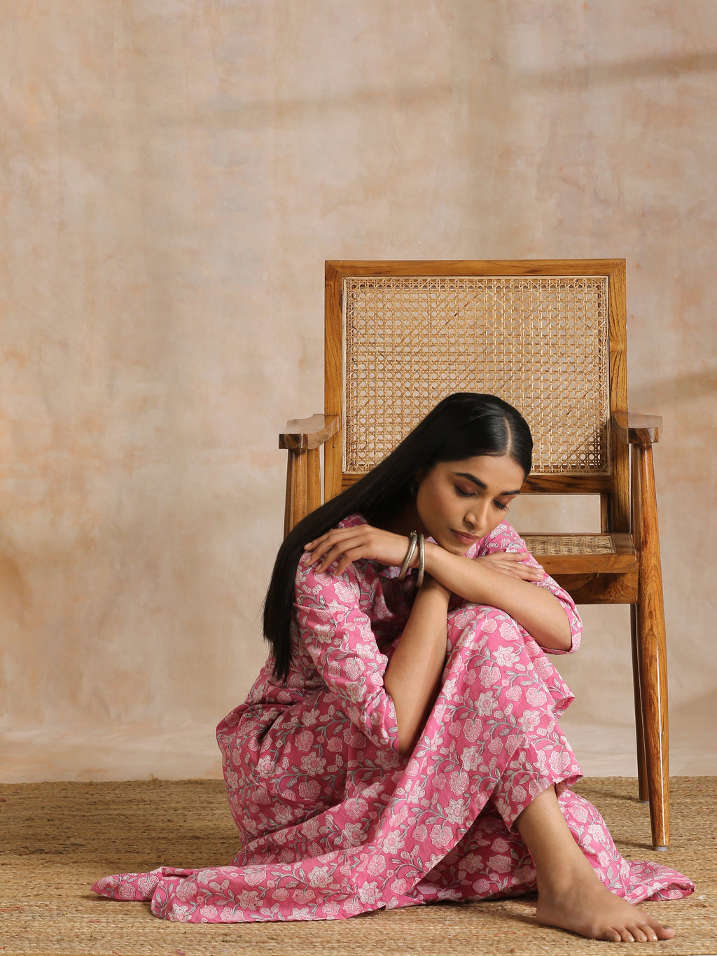trueBrowns Pink Overall Floral Block Print Cotton Flared Kurta Pant Set