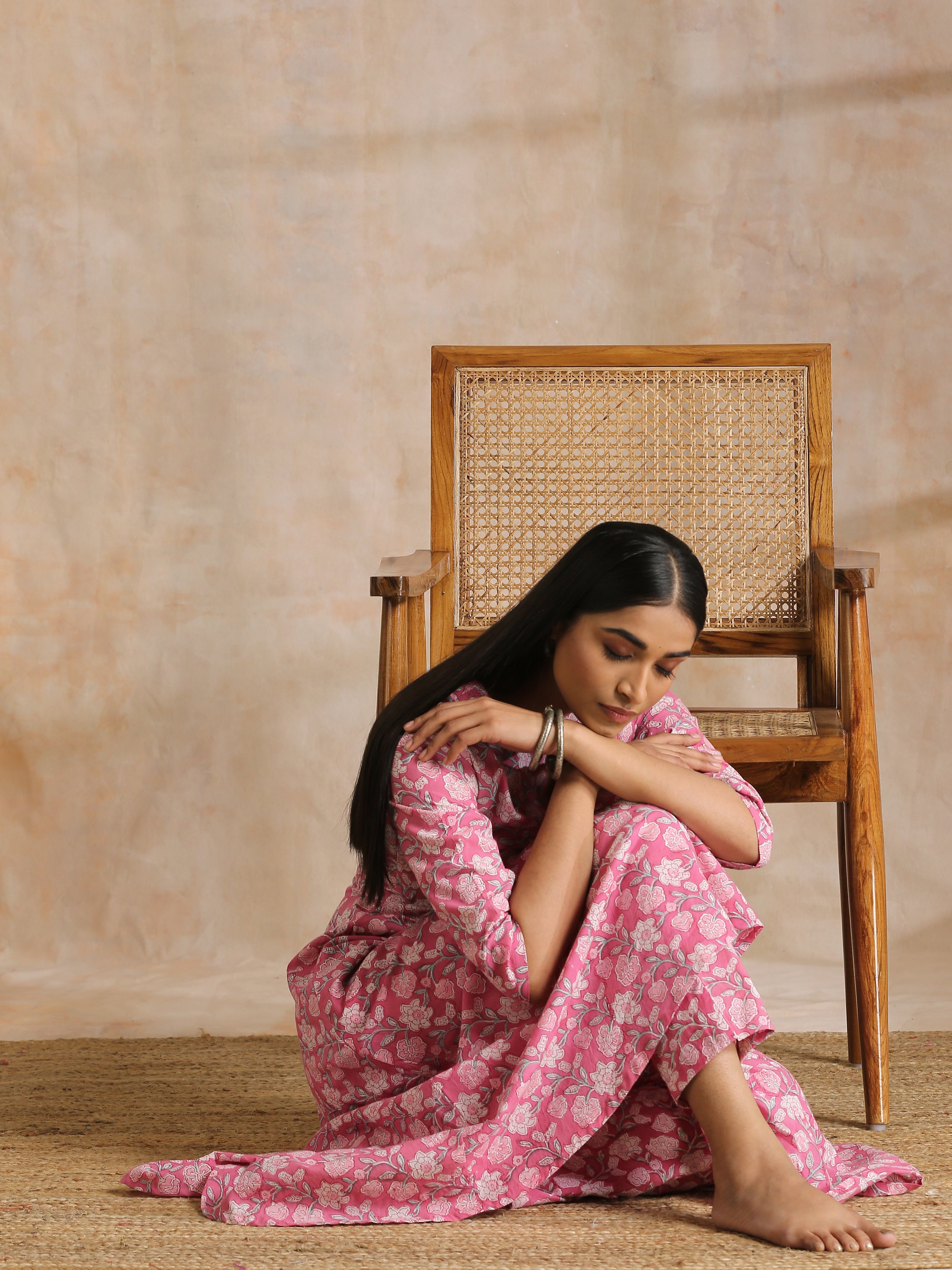trueBrowns Pink Overall Floral Block Print Cotton Flared Kurta Pant Set