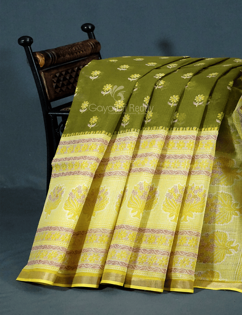 Mehendi Green And Lime Green Block Print Pure Kota Cotton Saree By Gayathri Reddy Designer Studio