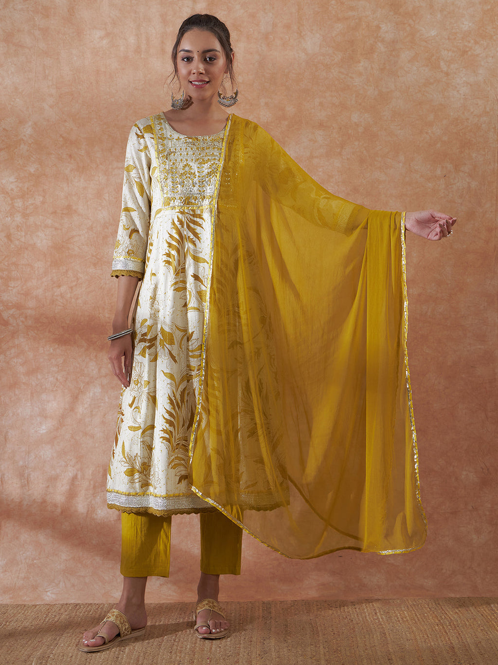 InWeave Women's White Mustard Lurex Leaf Print Patch Gota Kurta Set W Mustard Dupatta