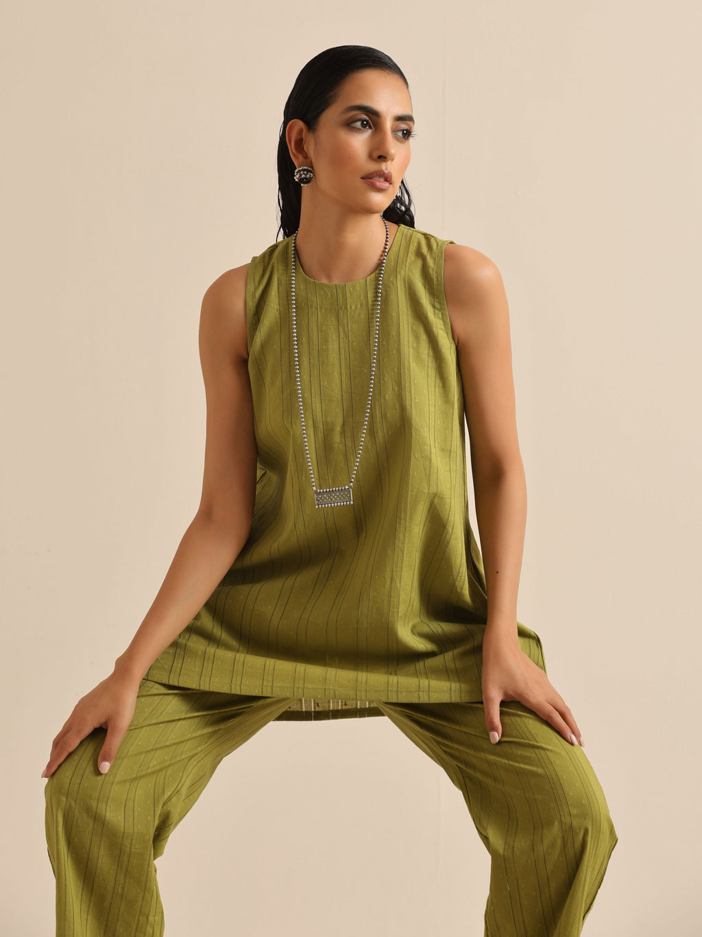 trueBrowns Green Dobby Sleeveless Co-Ord Set