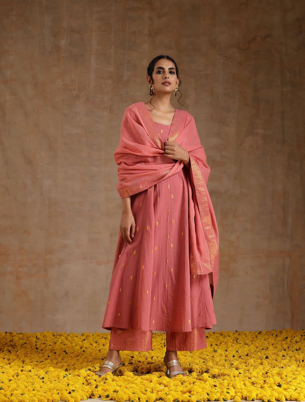 trueBrowns Blush Gold Cotton Anarkali Set