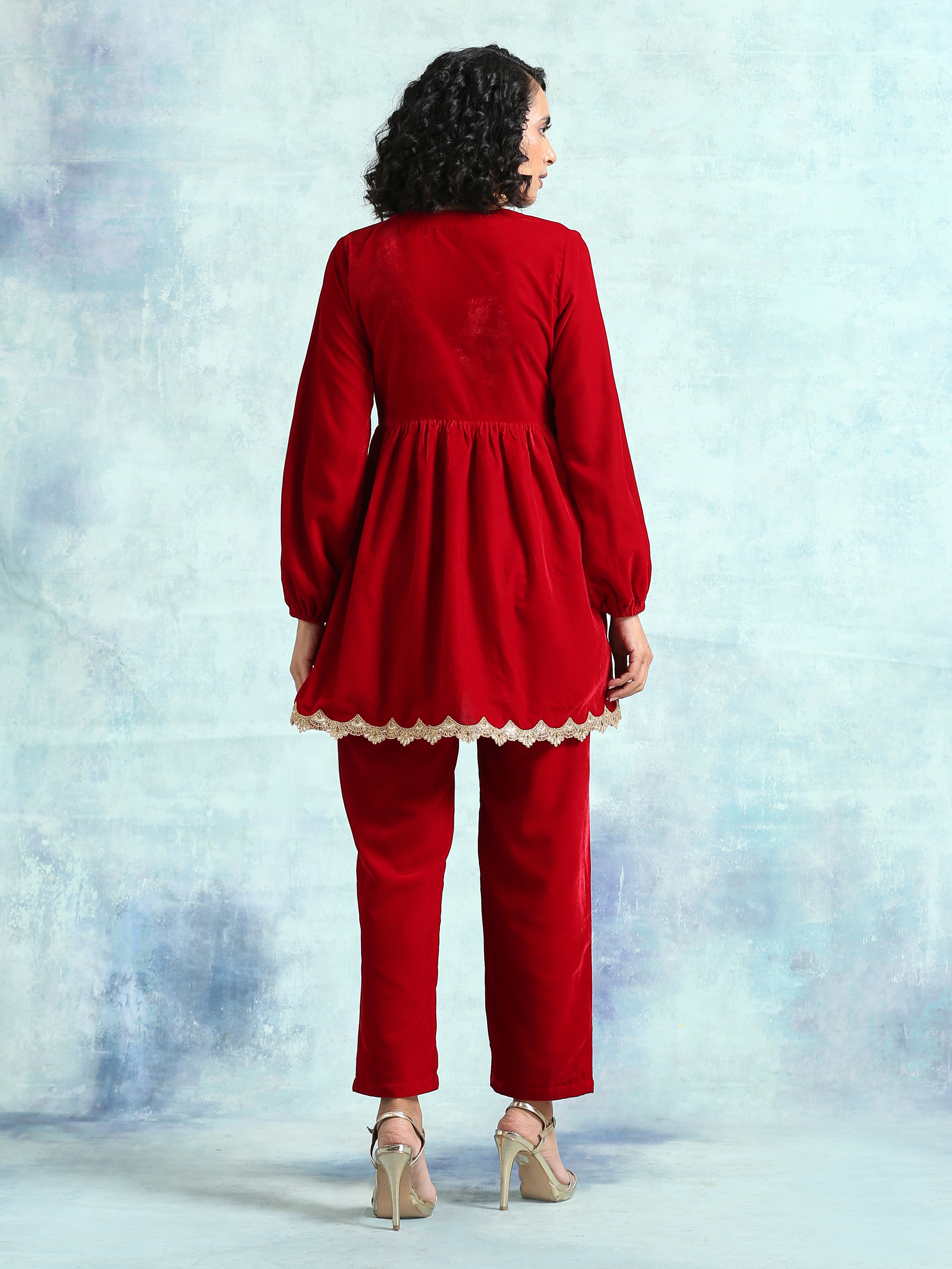 trueBrowns True Red Velvet Lace Co-Ord Set