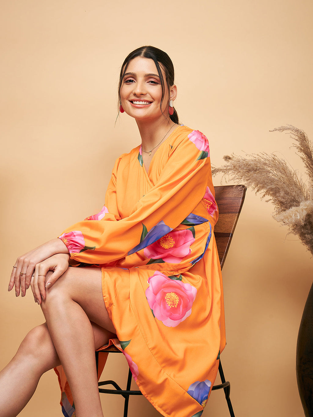 InWeave Women's Haldi Yellow Pink Mauve Flower Belted Dress