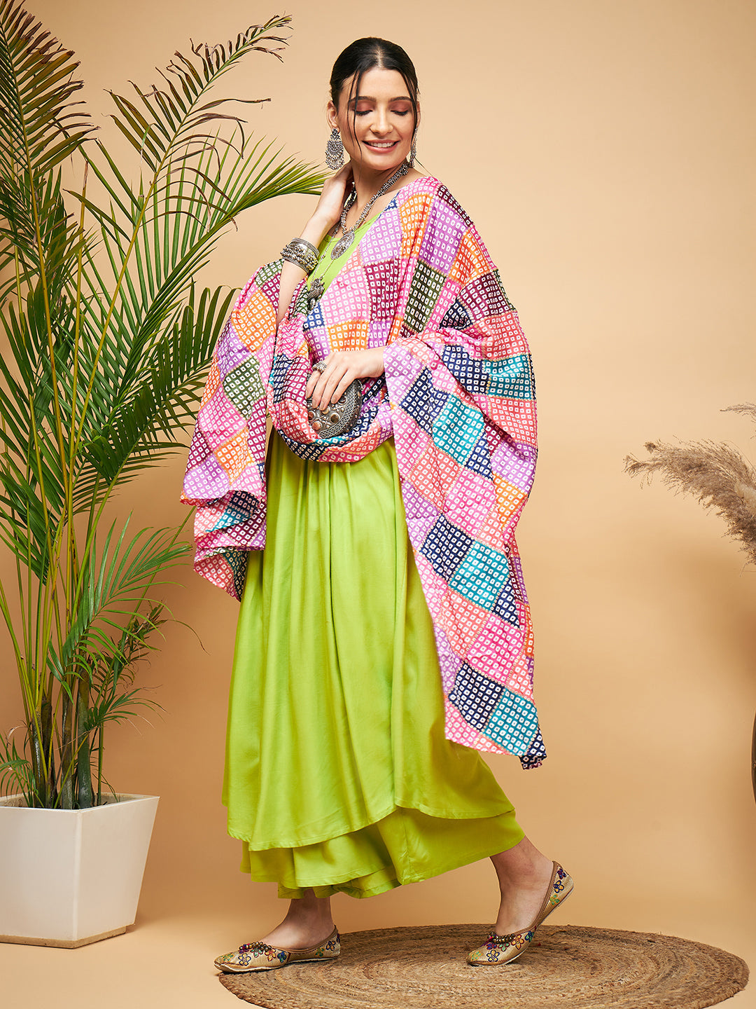 InWeave Women's Lime Green Strappy Set W Square Bandhani Print Silk Dupatta