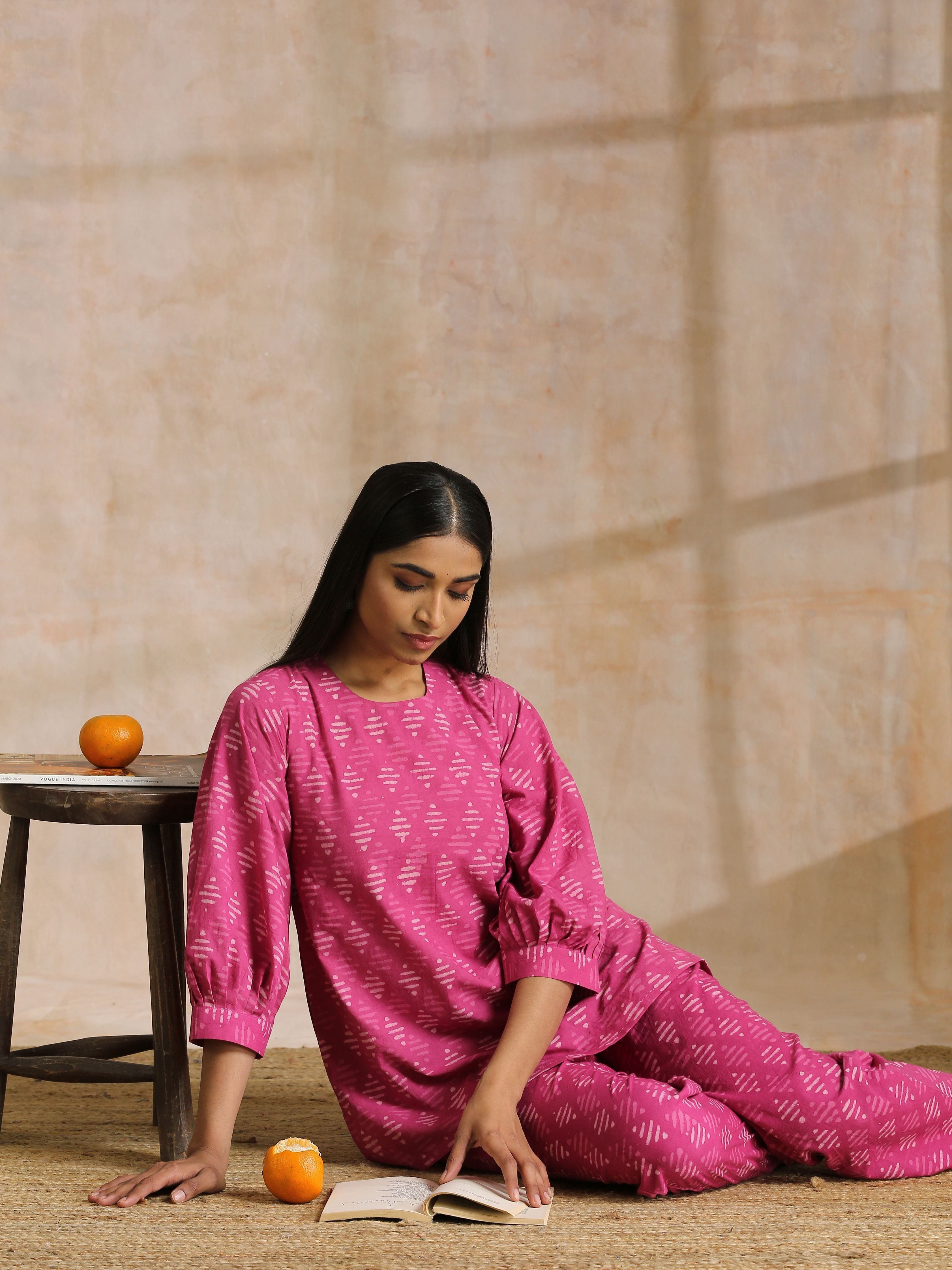 trueBrowns Pink Dabu Print Cotton Baggy Sleeve Co-Ord Set