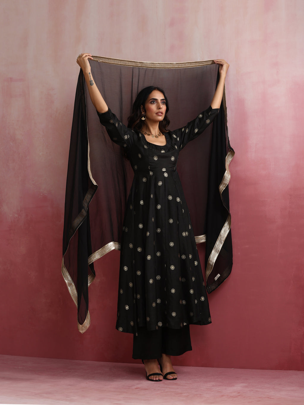 trueBrowns Black Viscose Silk Kurta Set