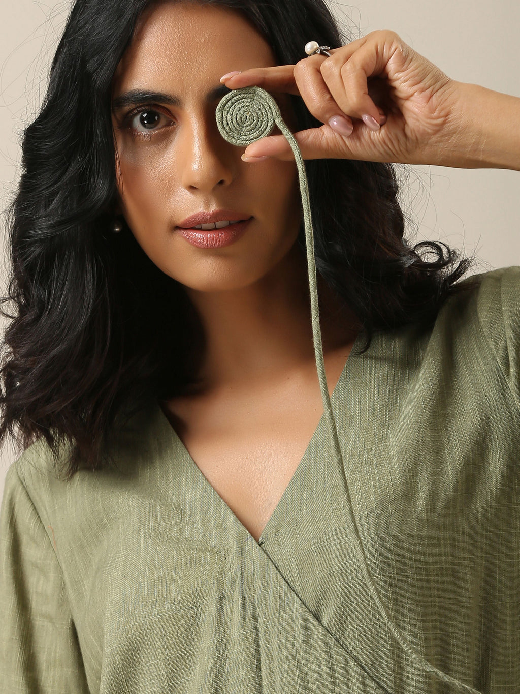 trueBrowns Sage Slub Texture Angrakha Pant Set