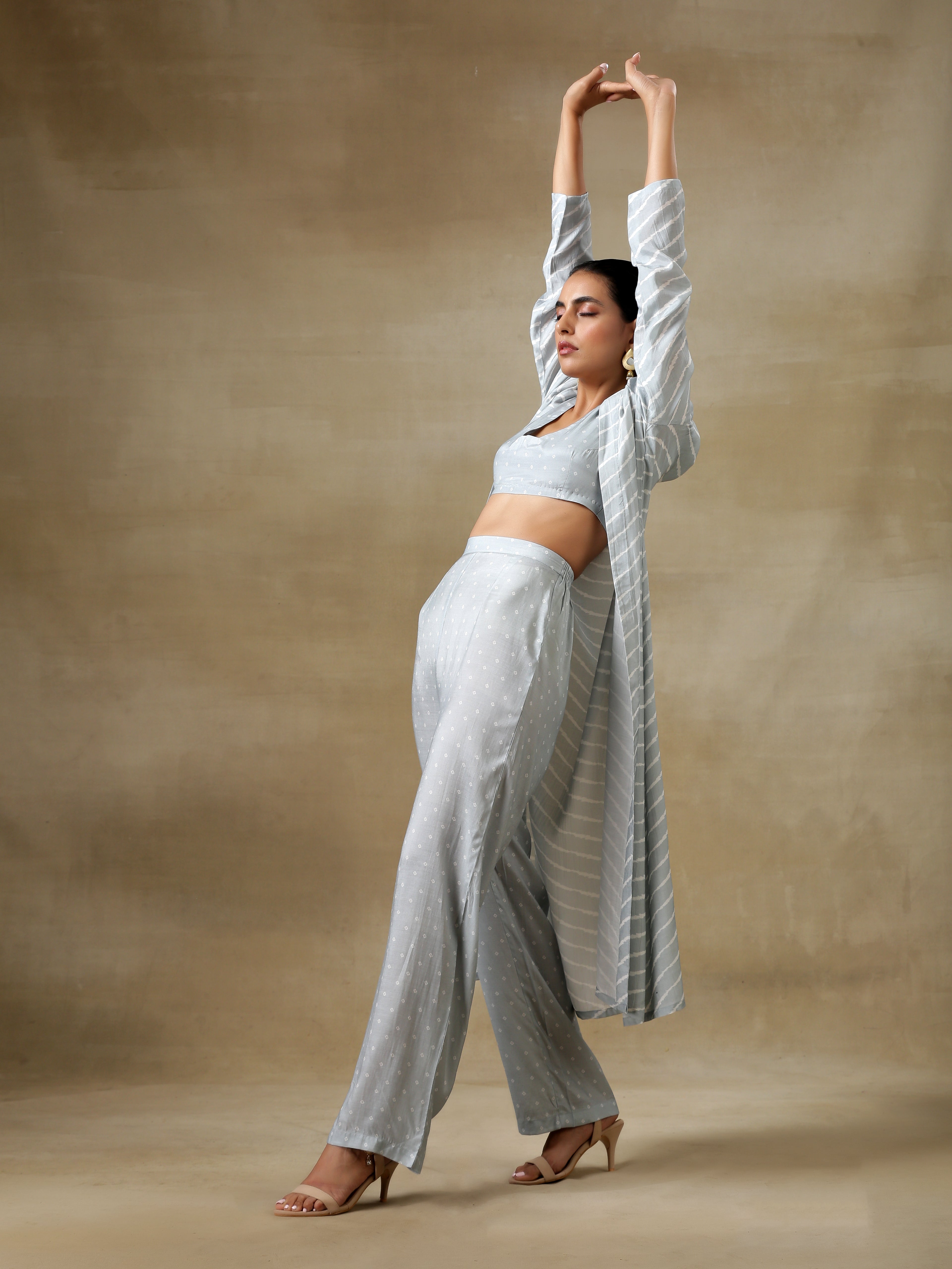 trueBrowns Grey Bandhani Printed Silk Overlay Jacket Blouse Pant Set