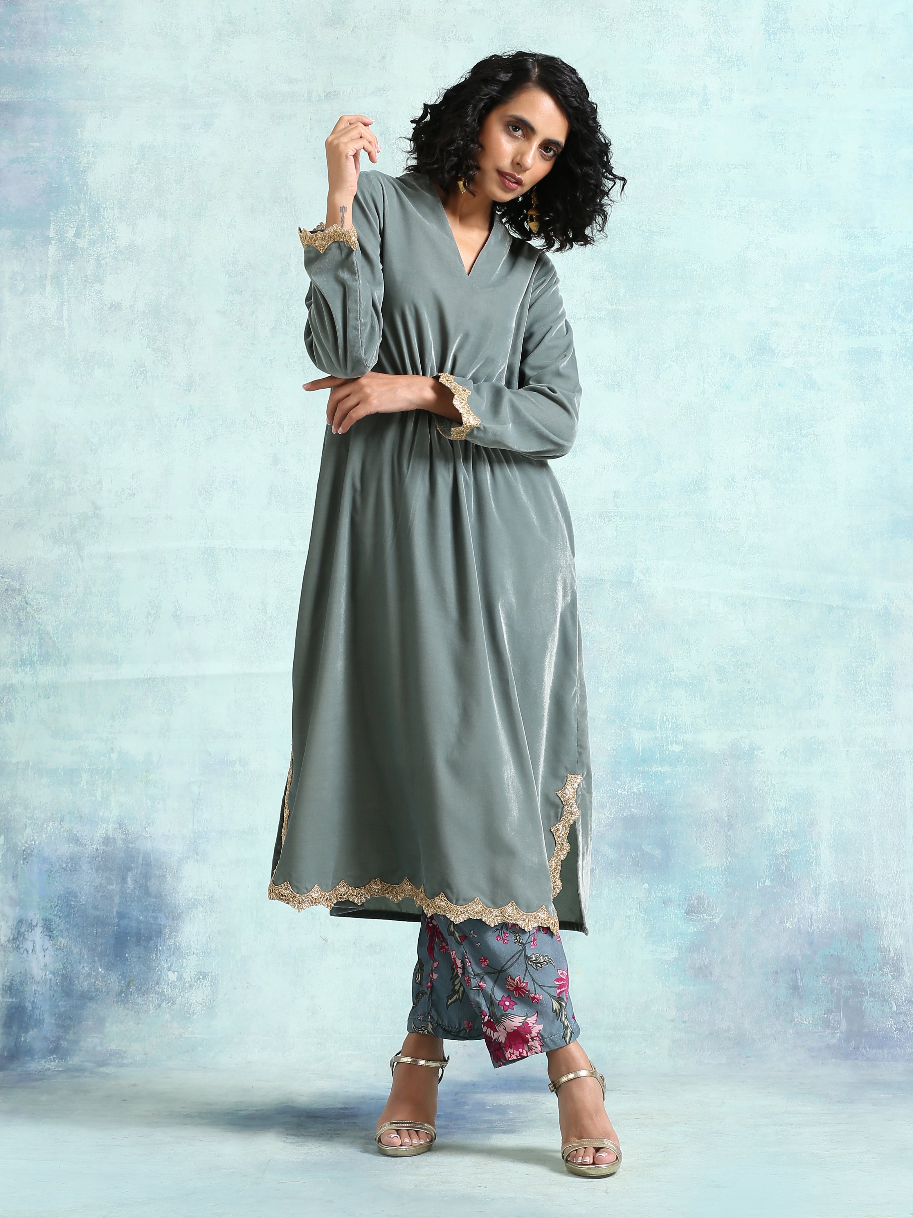 trueBrowns Grey Velvet Lace Kurta Pant Set