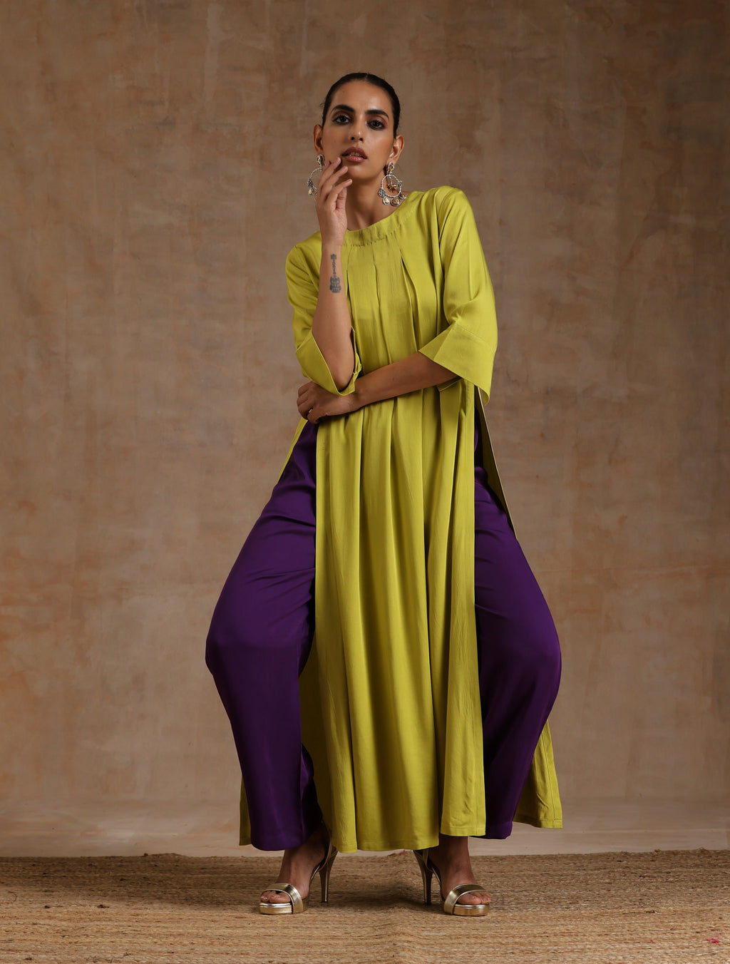 trueBrowns Lime Modal Satin Neck Pleat Kurta Set