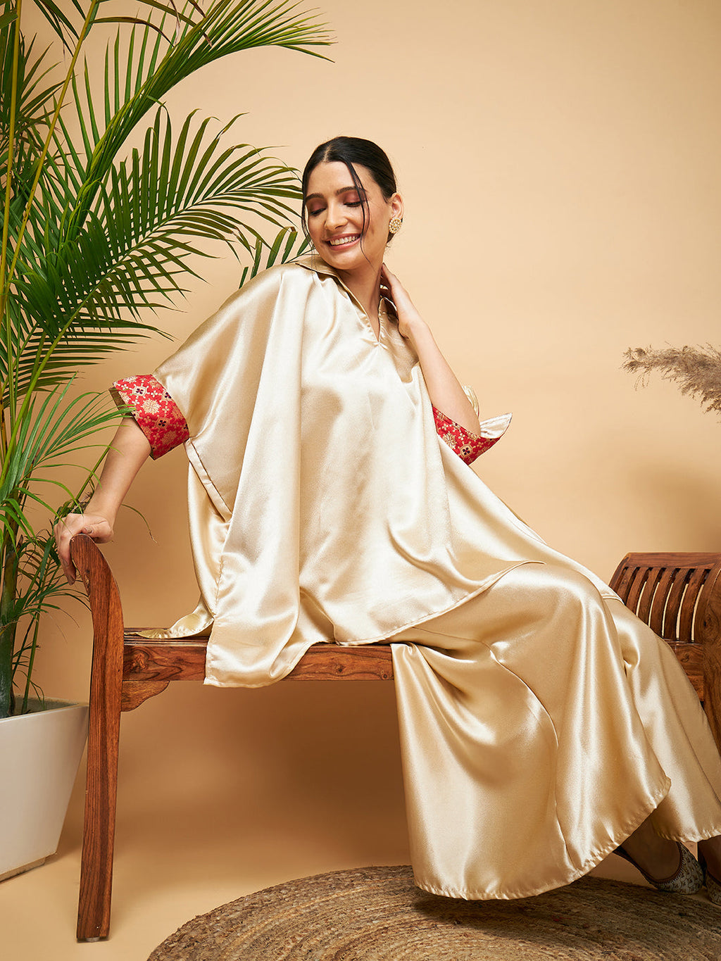 InWeave Women's Beige Red Brocade Boho Satin Top W Palazzo Set