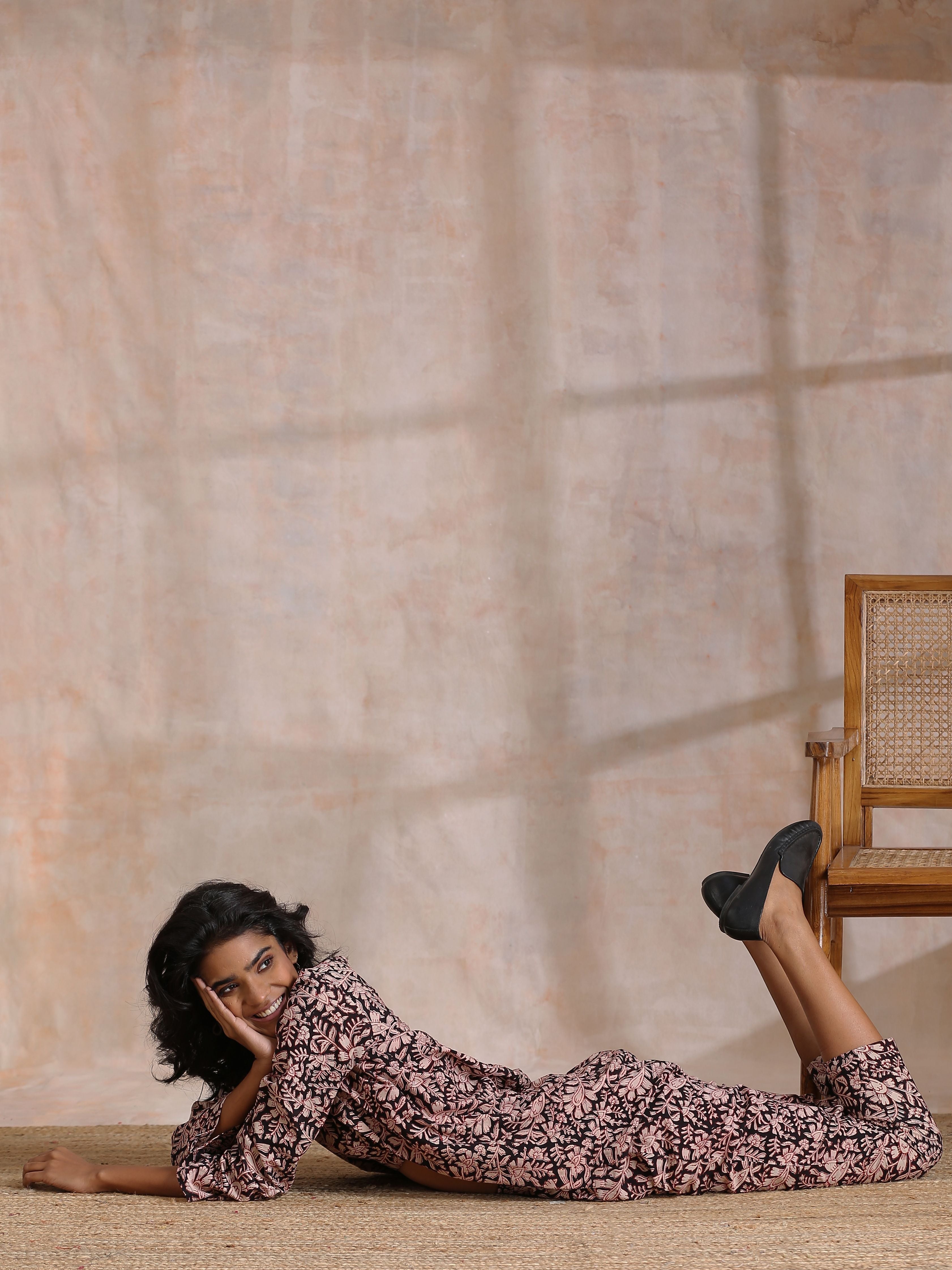 trueBrowns Black Floral Overall Bagru Print Cotton Pant Suit Set