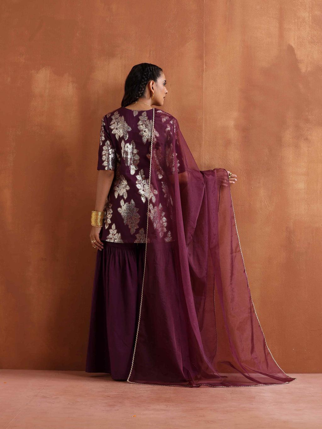 trueBrowns Purple Metallic Sharara Dupatta Set