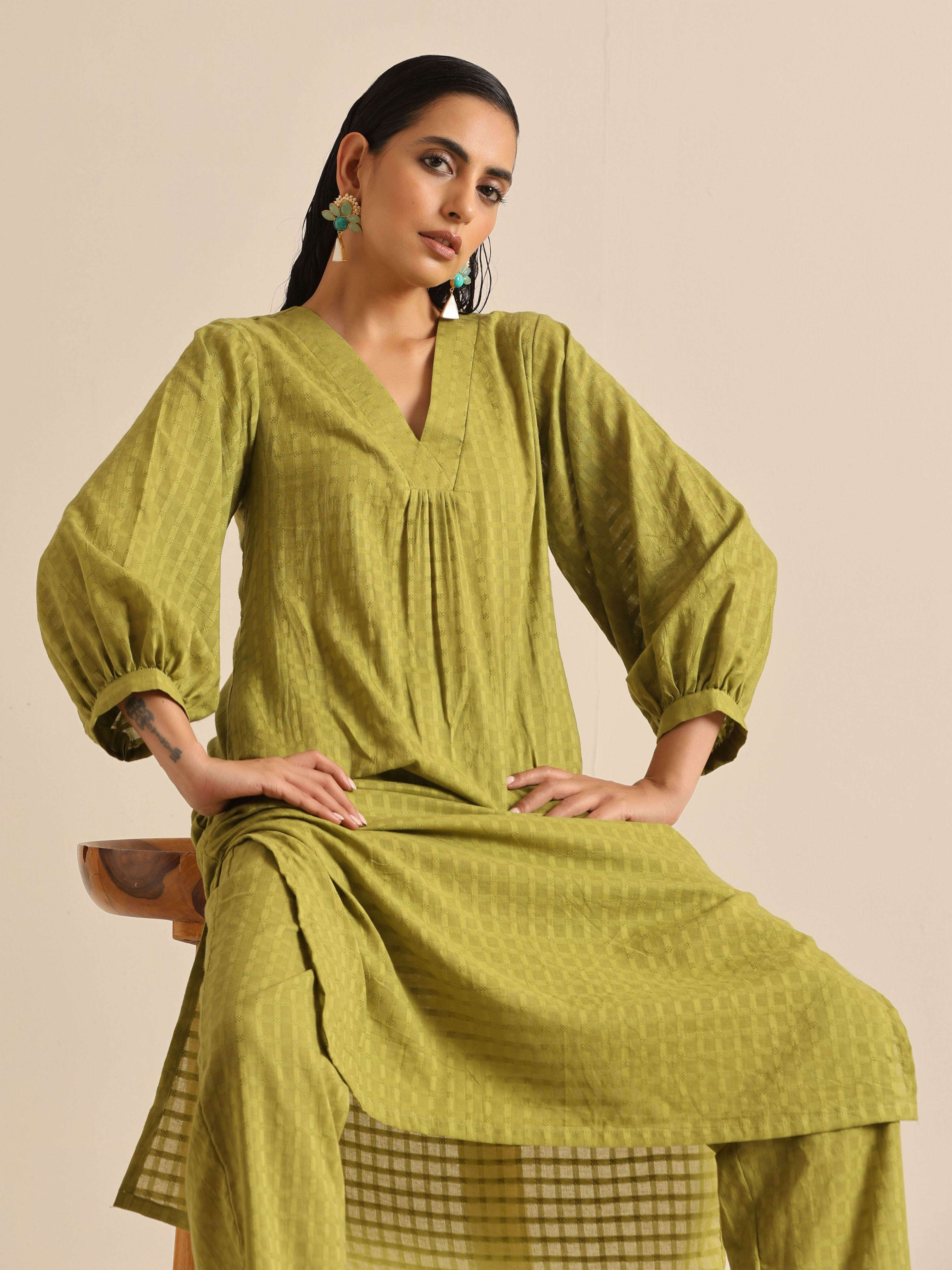 trueBrowns Fresh Green Dobby Puff Sleeve Kurta Pant Set