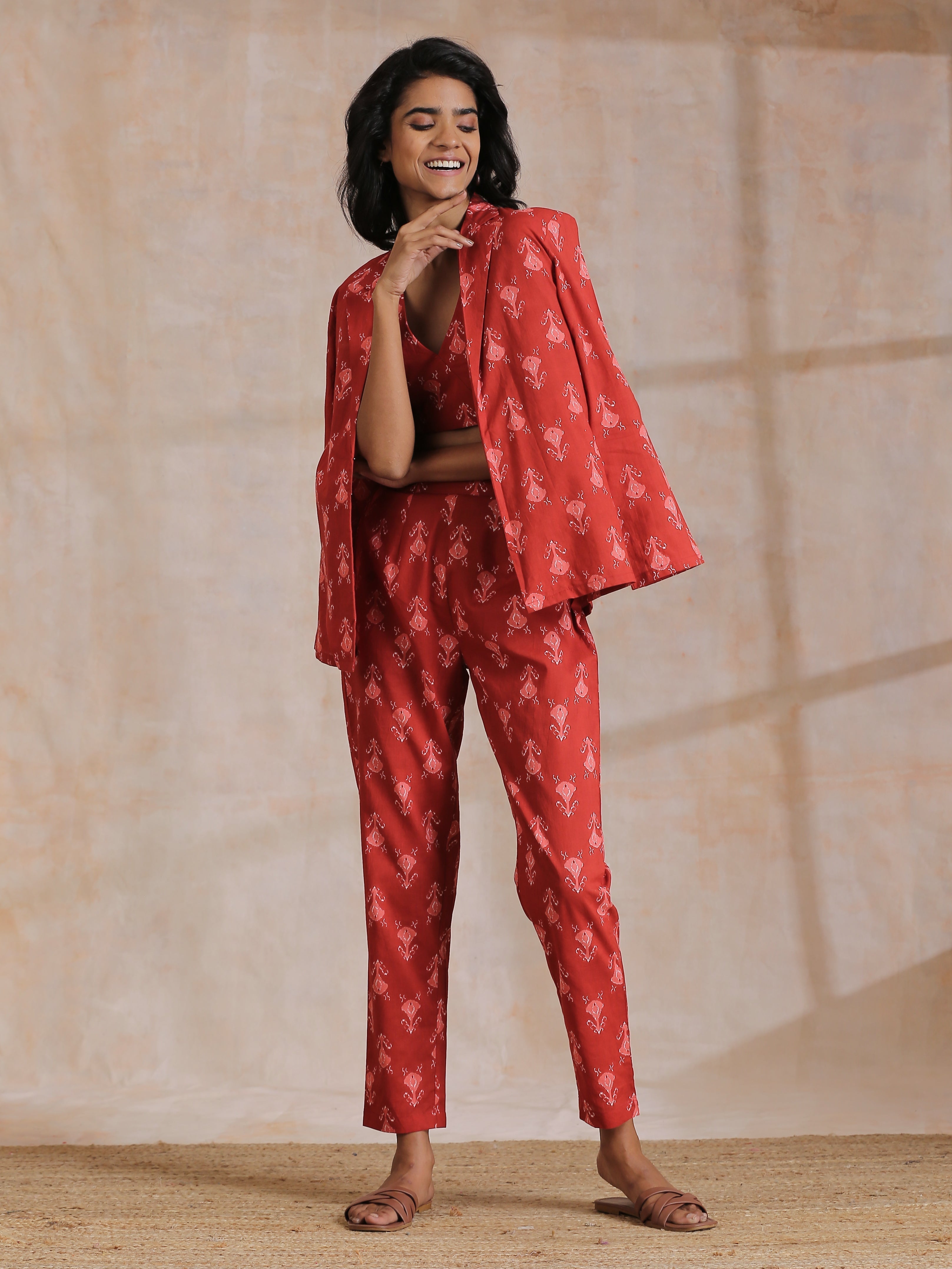 trueBrowns Red On Red Ikat Print Cotton Pant Suit Set