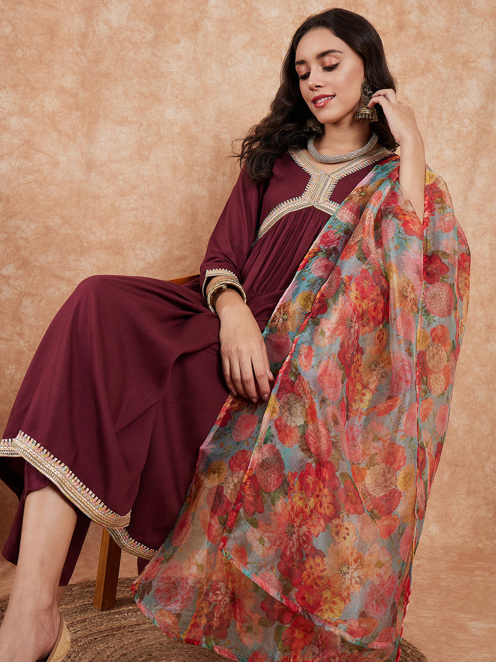 InWeave Women's Dark Burgundy Alia Neck Style Gota Set W Organza Dupatta