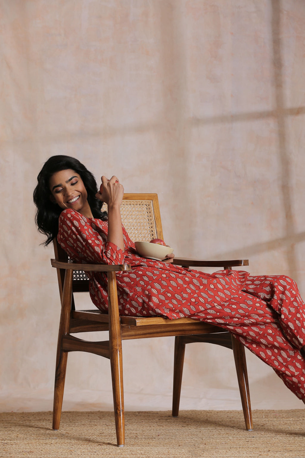 trueBrowns Rust Red Bagru Fish Print Cotton Gathers Co-Ord Set