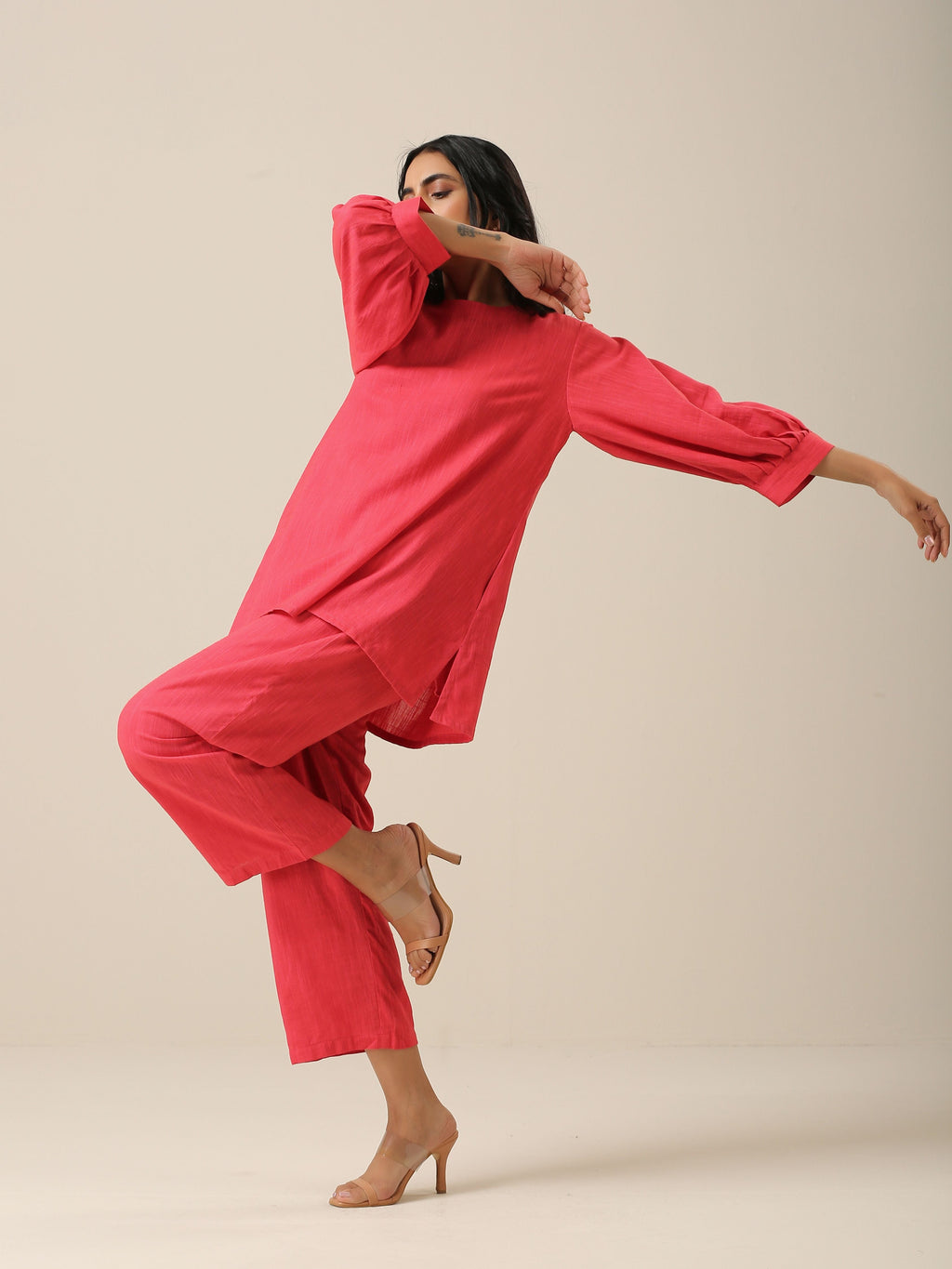 trueBrowns Bright Pink Slub Texture Baggy Sleeve Co-Ord Set