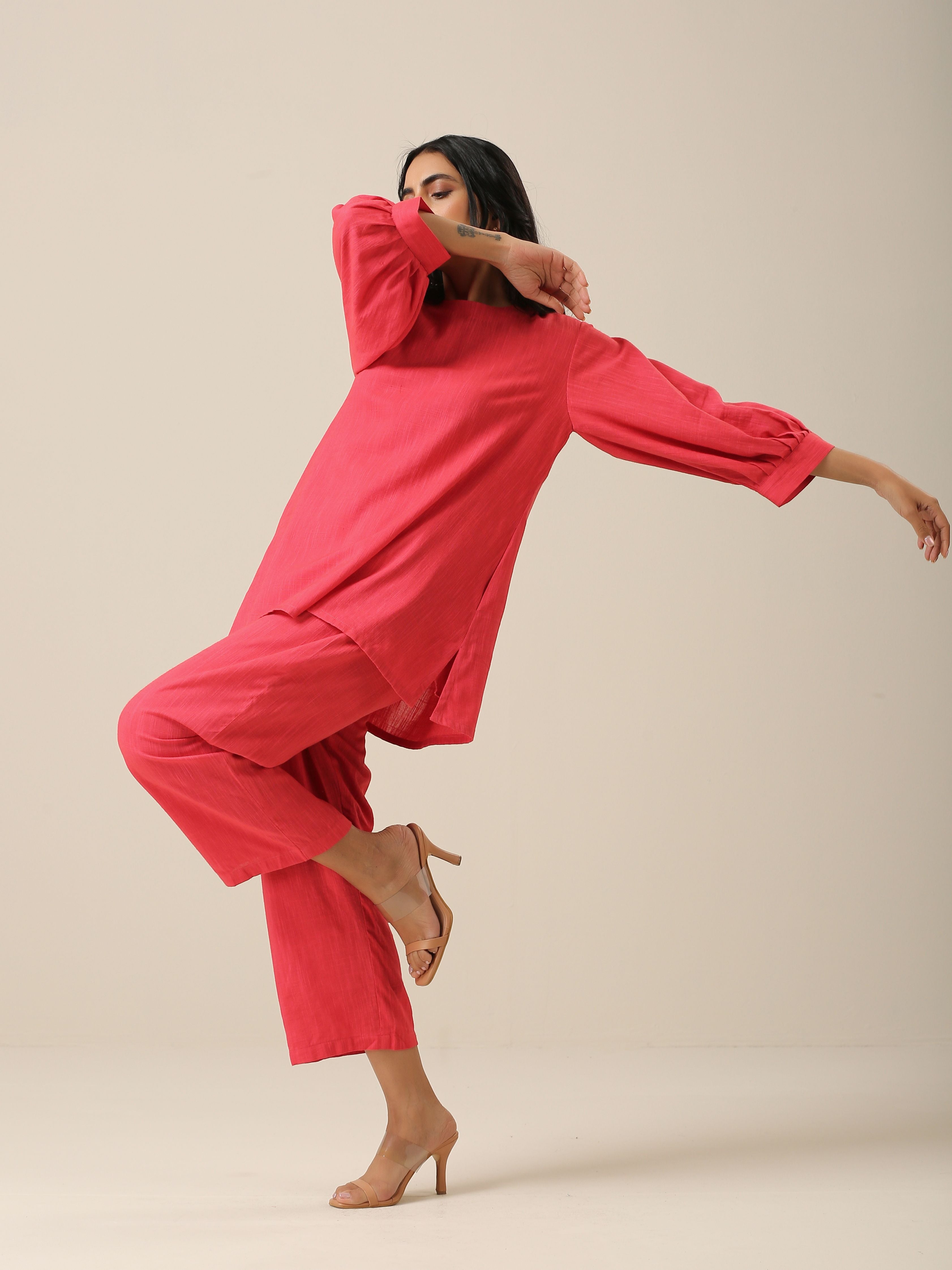 trueBrowns Bright Pink Slub Texture Baggy Sleeve Co-Ord Set