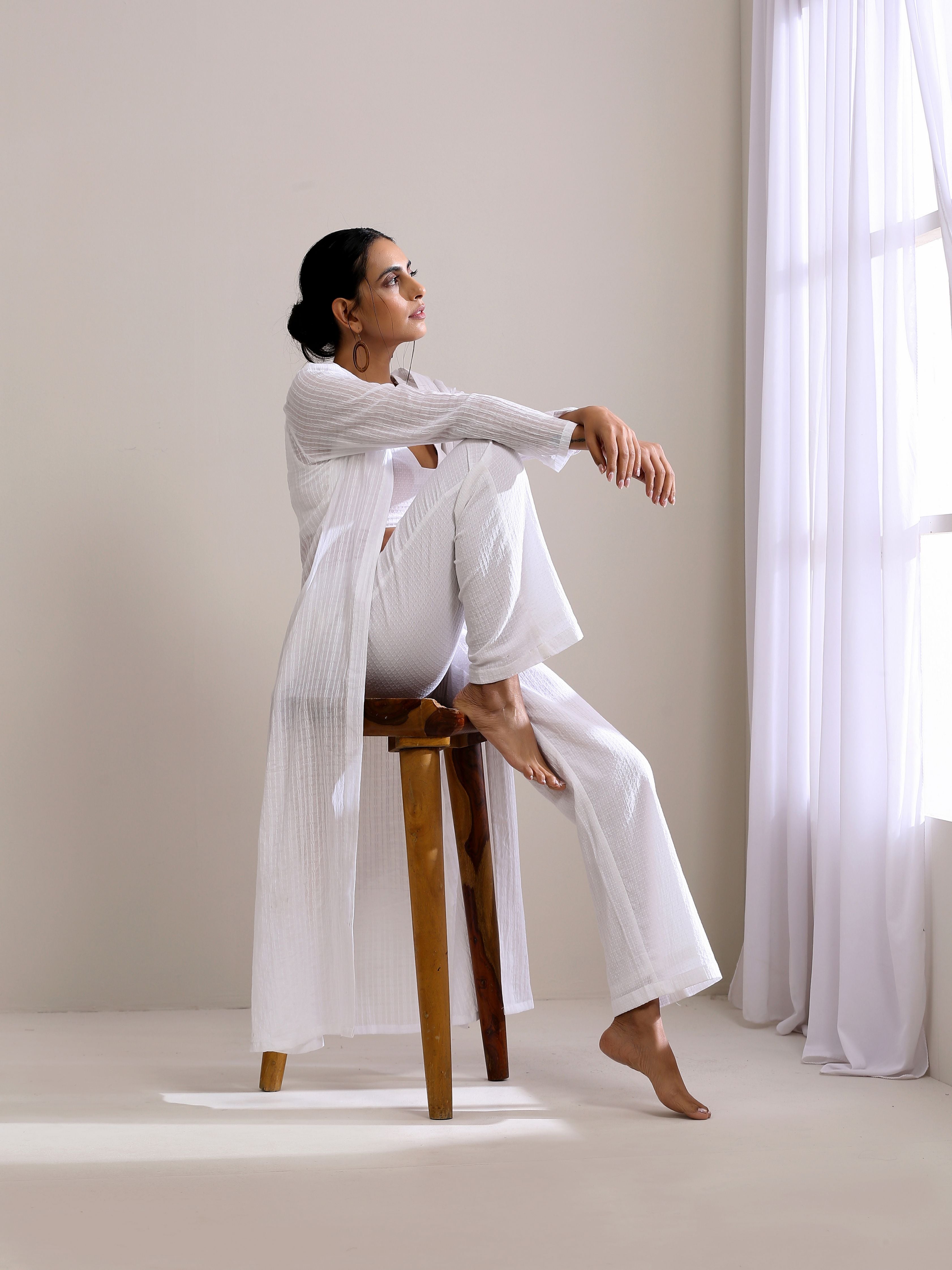 trueBrowns White Dobby Overlay Jacket Blouse Pant Set