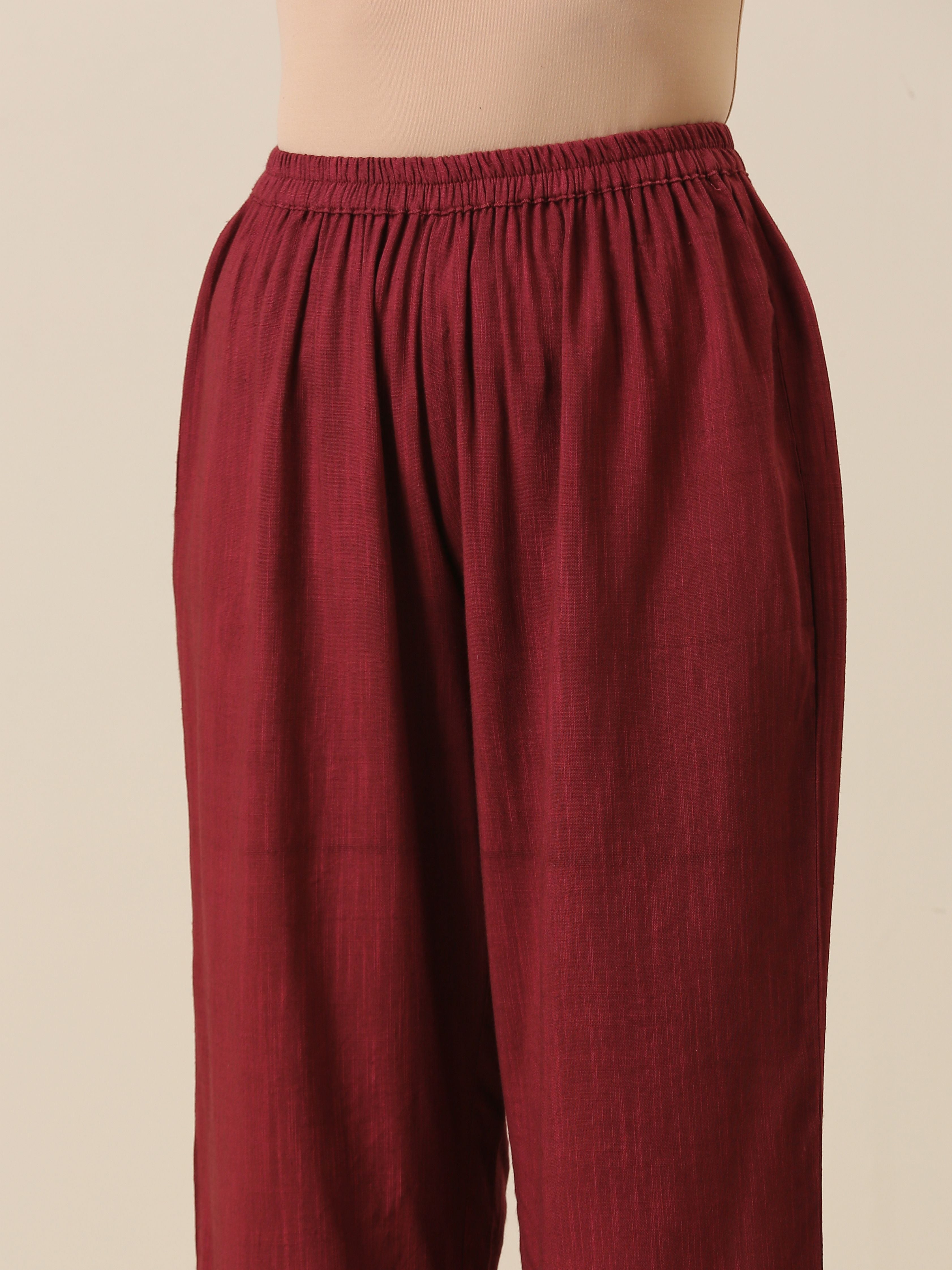 trueBrowns Ruby Wine Slub Texture Back Pleat Kurta Pant Set