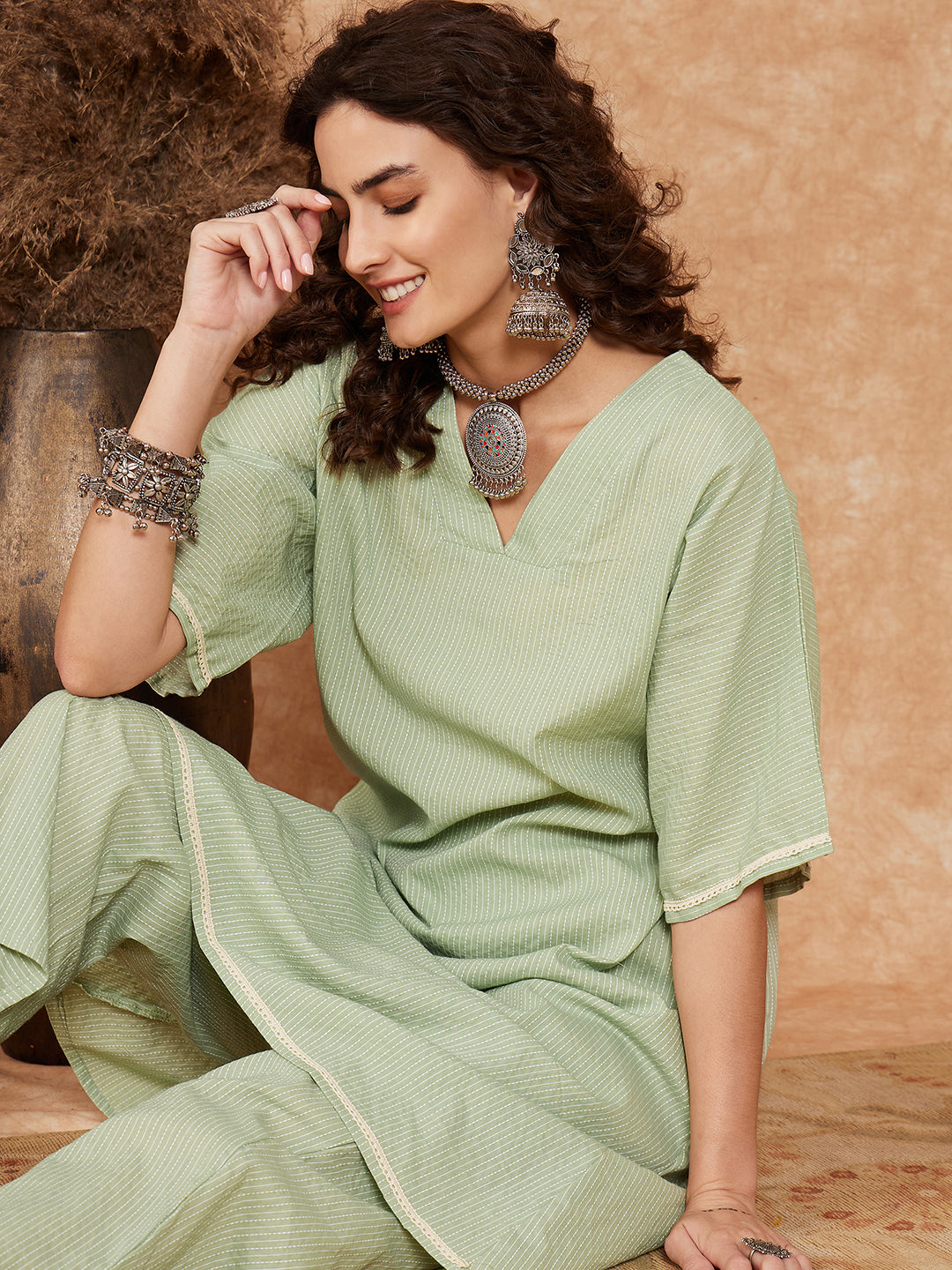 InWeave Women's Sage Green Kantha Lace Wrok Kimono Sleeve Kurta Set