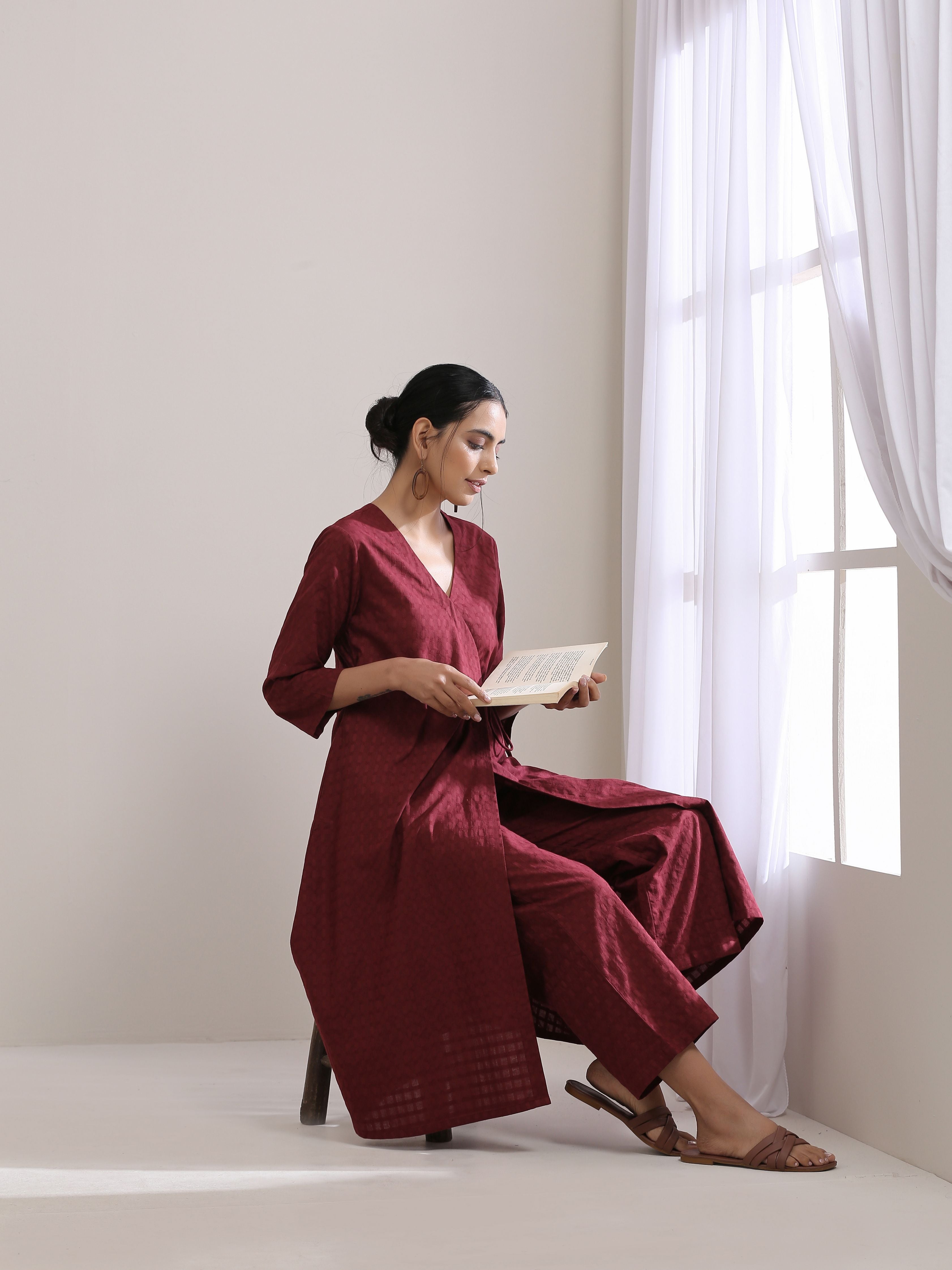 trueBrowns Ruby Wine Dobby Angrakha Pant Set