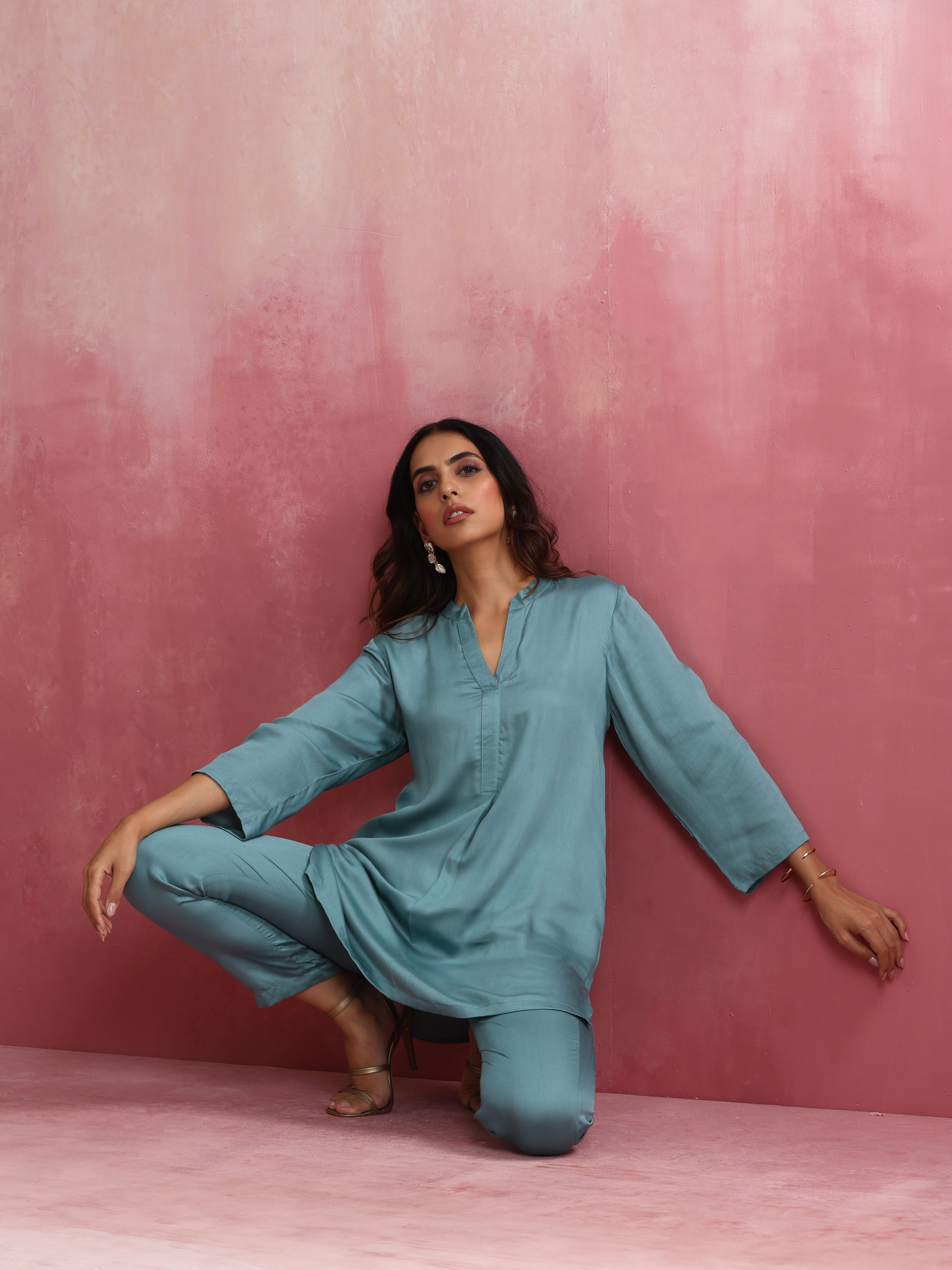 trueBrowns Light Blue Modal Straight Kurta Co-ord Set