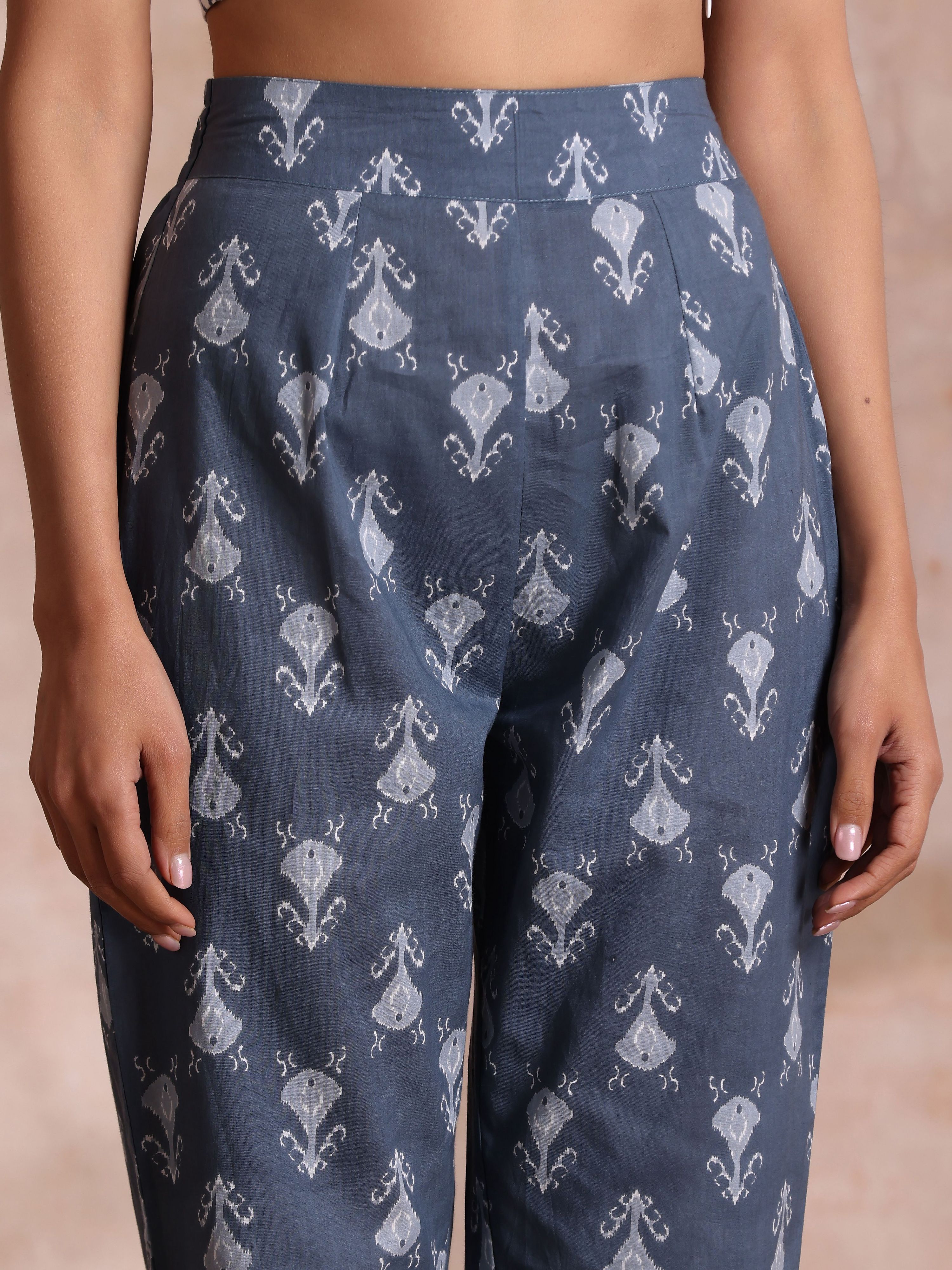 trueBrowns Grey On Grey Ikat Print Cotton Pant Suit Set