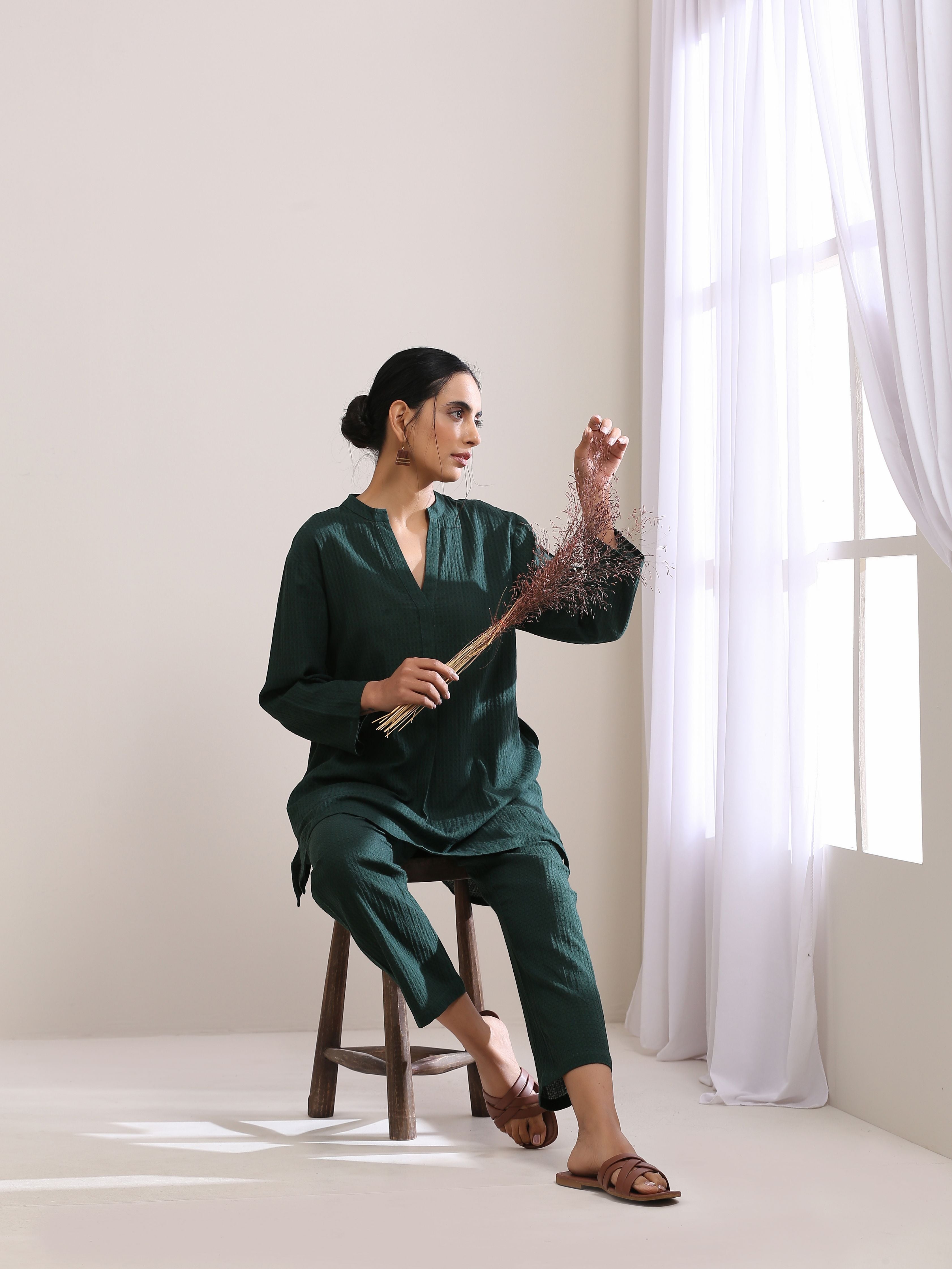 trueBrowns Dark Green Dobby Relaxed Fit Co-Ord Set