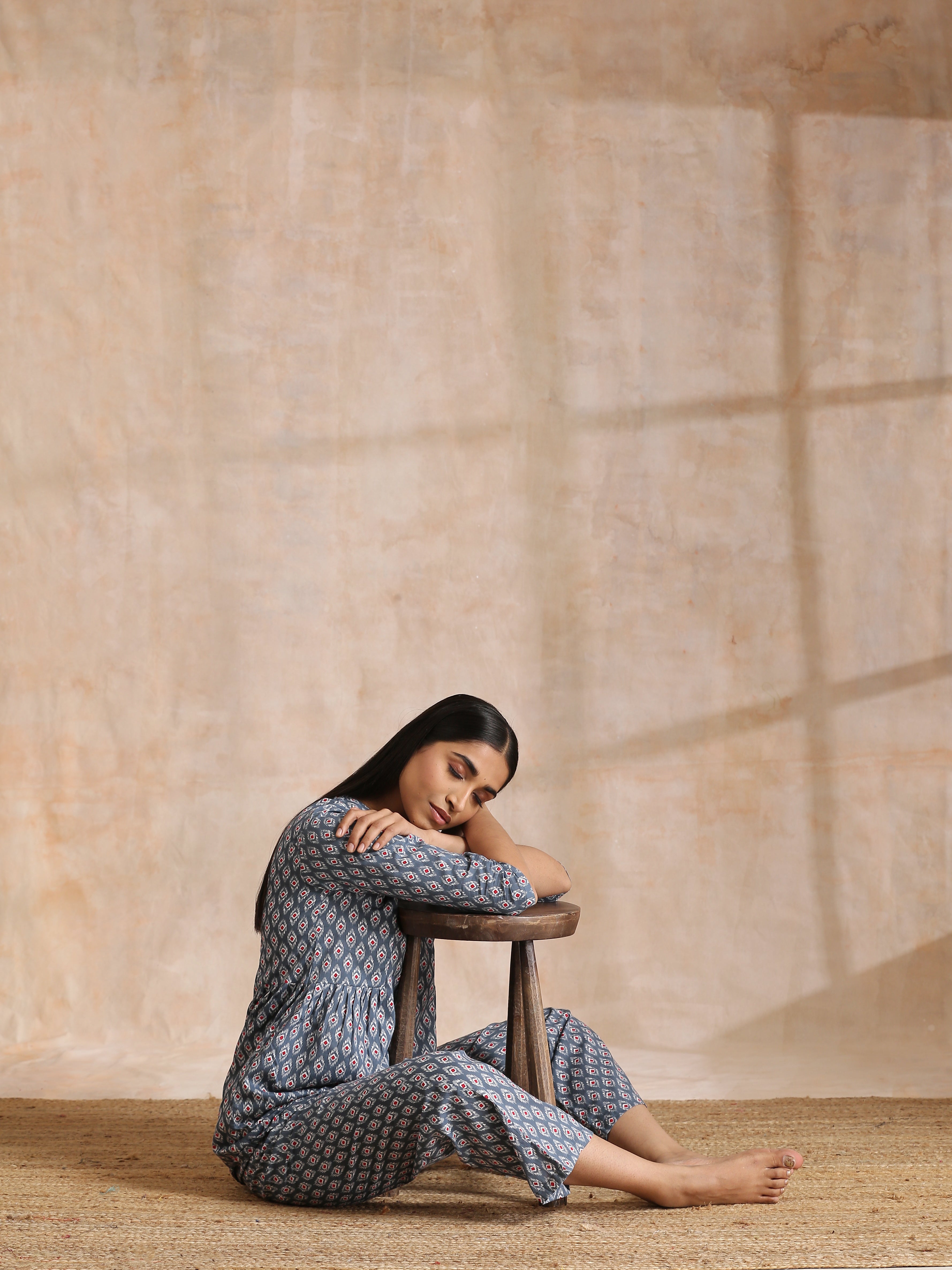trueBrowns Steel Grey Ikat Print Cotton Gathers Co-Ord Set