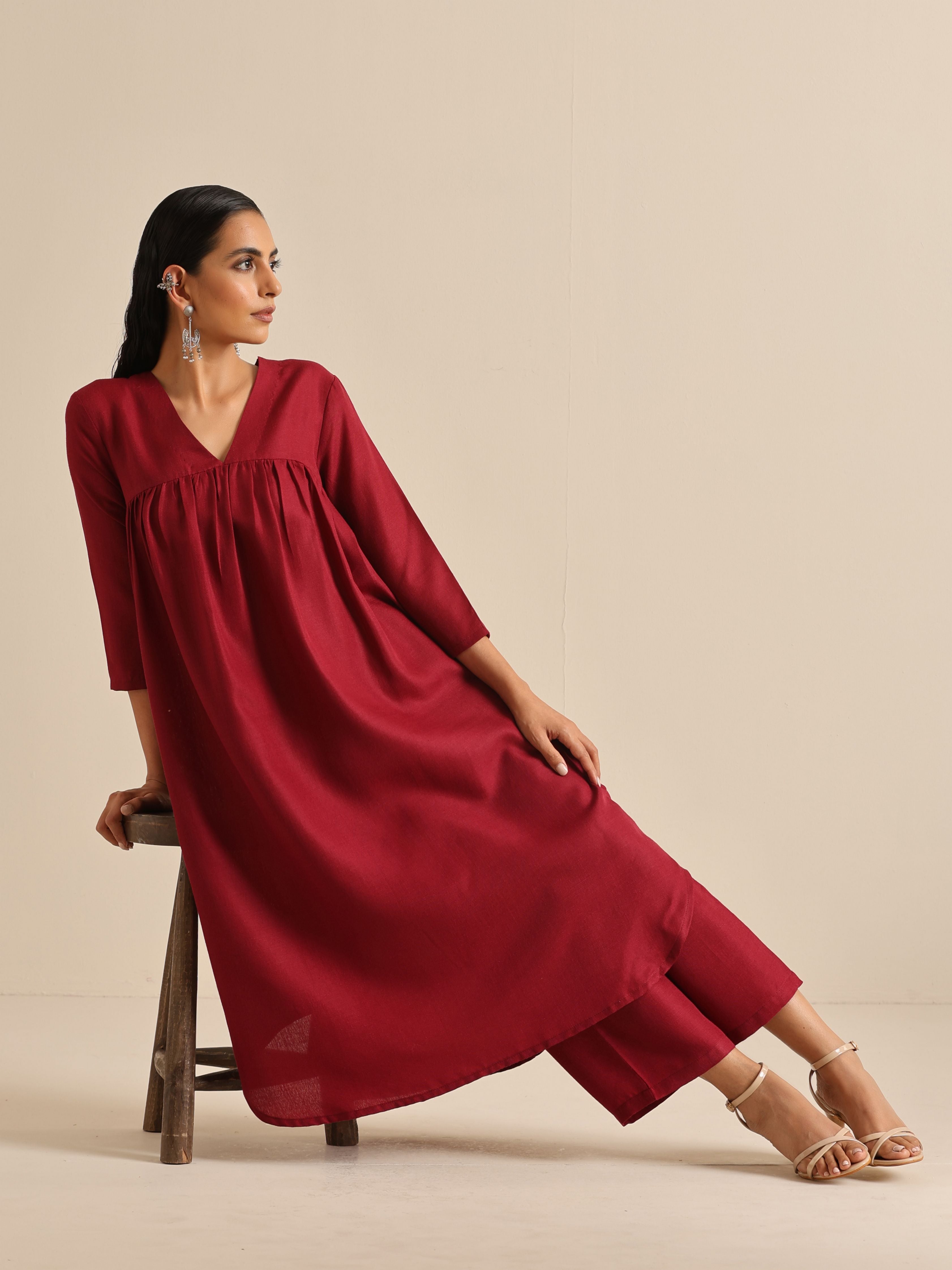 trueBrowns Maroon Slub Gathered Kurta Pant Set