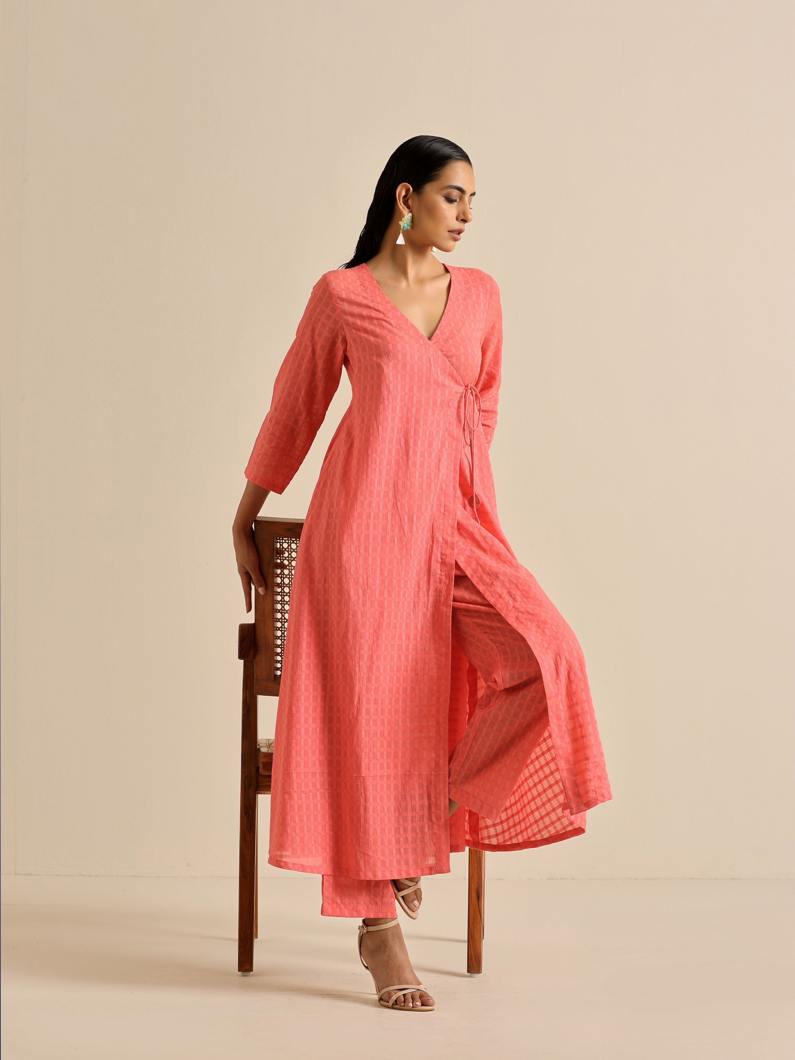 trueBrowns Bright Pink Dobby Angrakha Kurta Pant Set