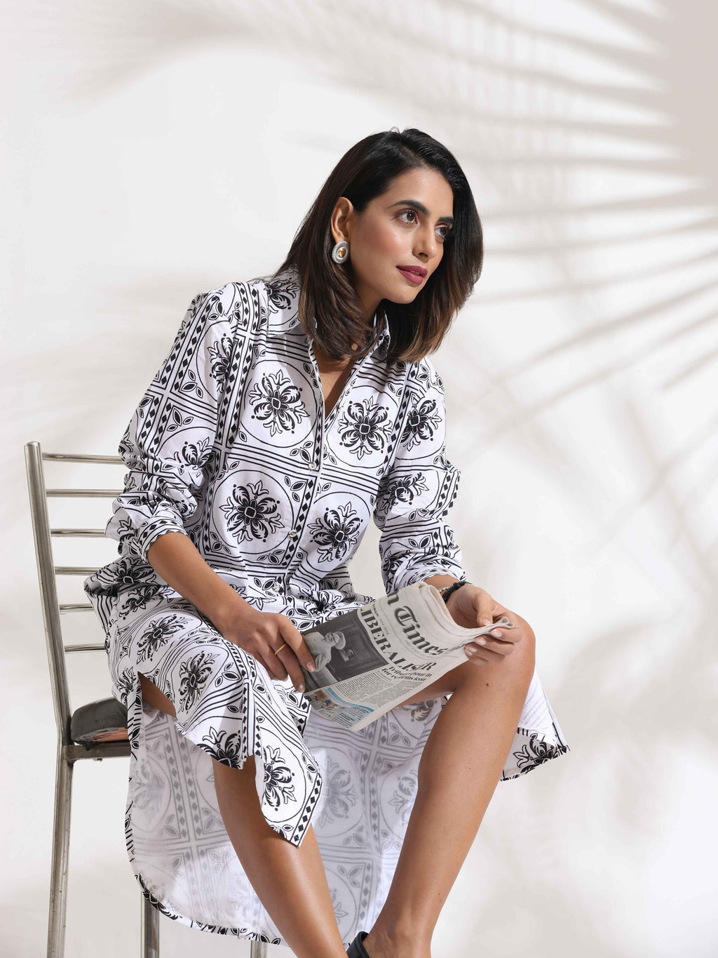 trueBrowns White Cotton Print Shirt Dress