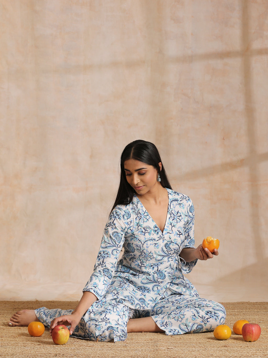 trueBrowns White With Overall Blue Print Cotton Angrakha Kurta Pant Set
