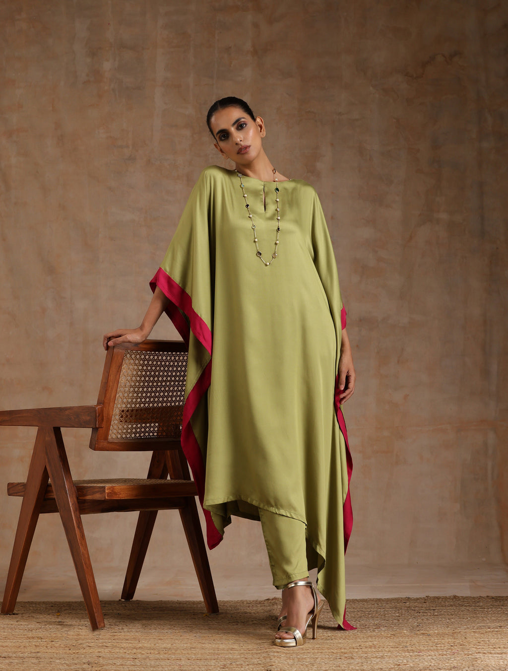 trueBrowns Light Green Modal Satin High-Low Kaftan Kurta Set