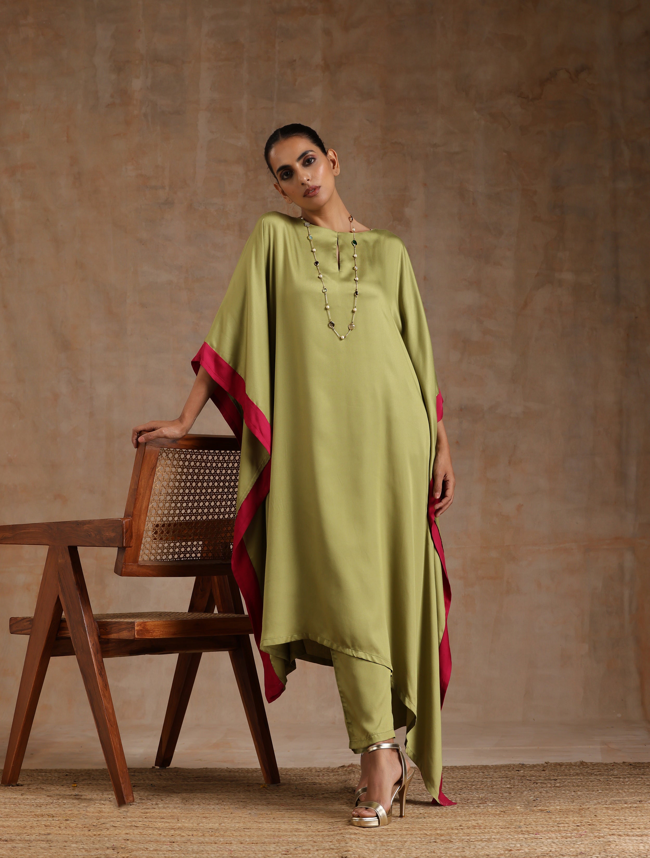 trueBrowns Light Green Modal Satin High-Low Kaftan Kurta Set