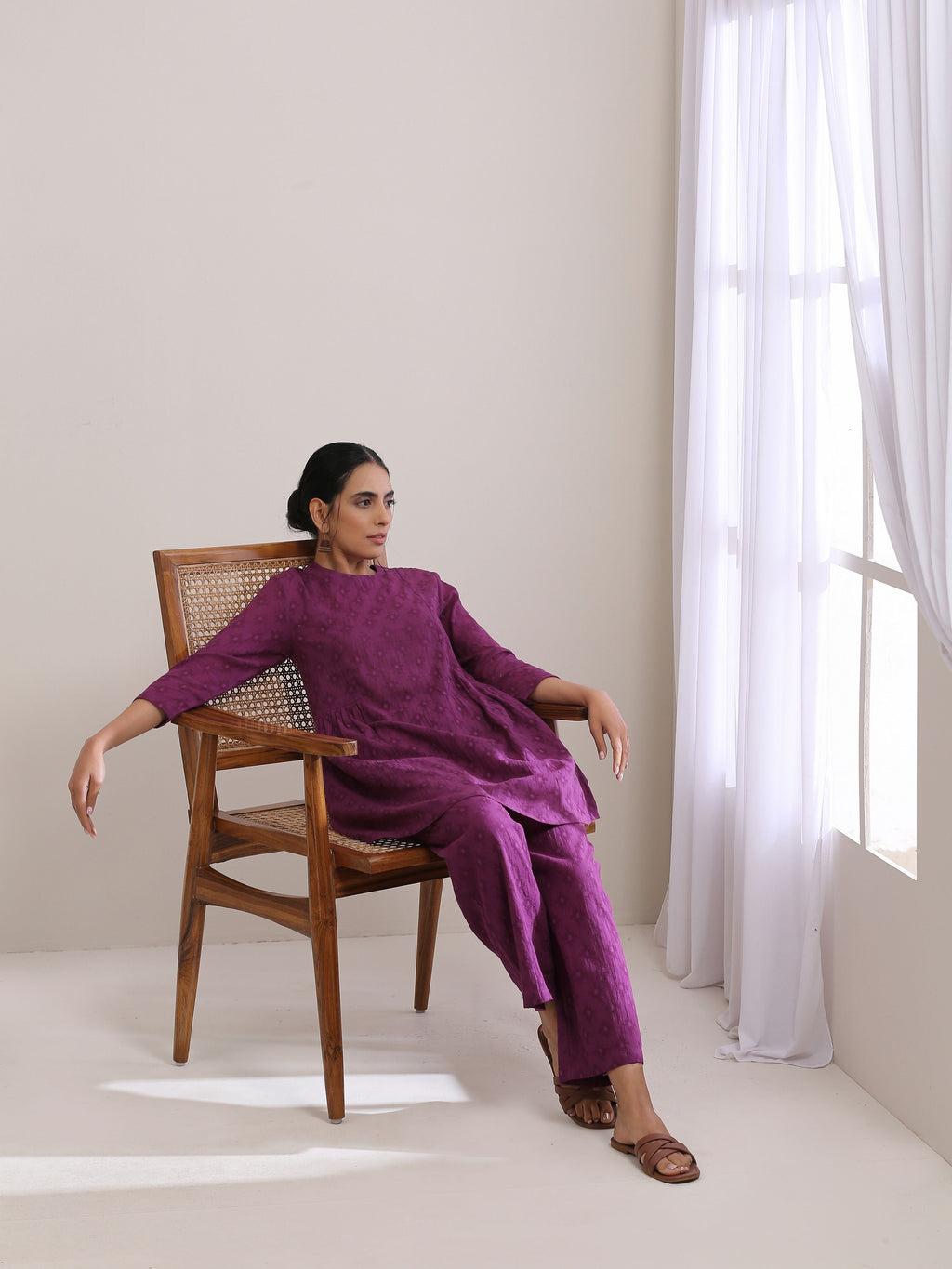 trueBrowns Plum Purple Dobby Gathers Co-Ord Set