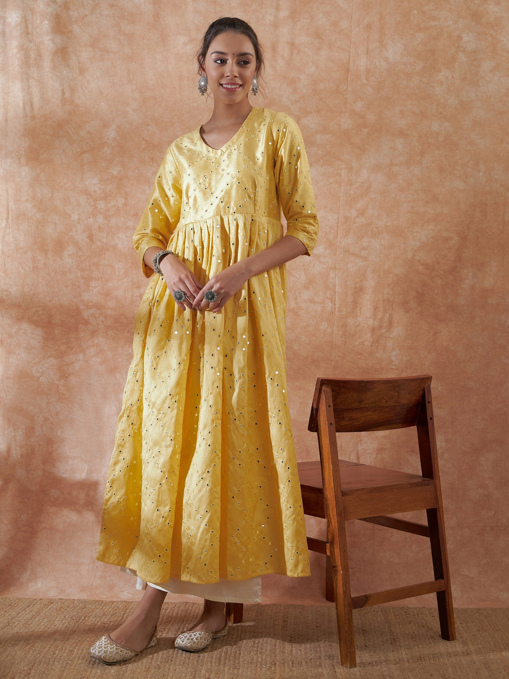 InWeave Women's Light Yellow Mirror Work Long Anarkali Kurta