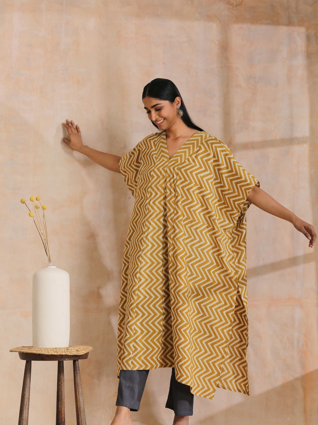 trueBrowns Mustard Dabu Zig-Zag Lines Print Cotton Panel Kaftan Kurta Pant Set