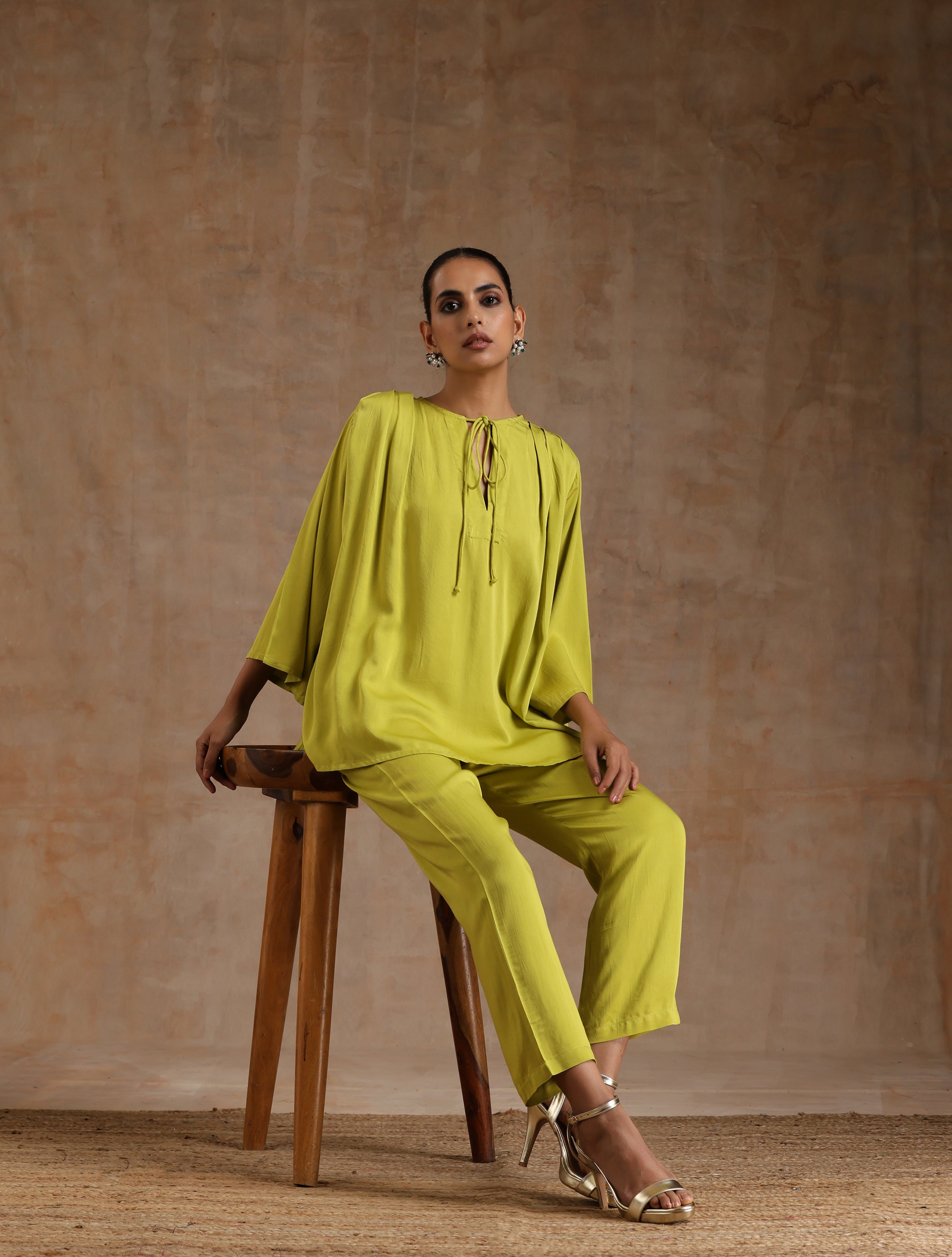 trueBrowns Lime Modal Satin Shoulder Pleat Co-Ord Set