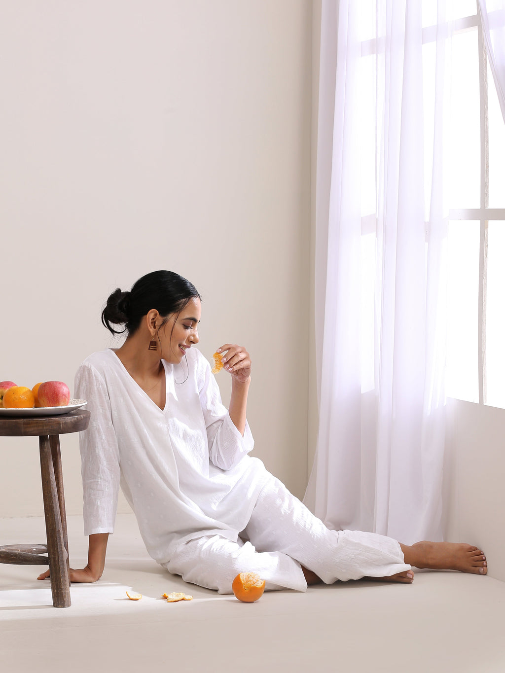 trueBrowns White Dobby Short Asymmetric Co-Ord Set
