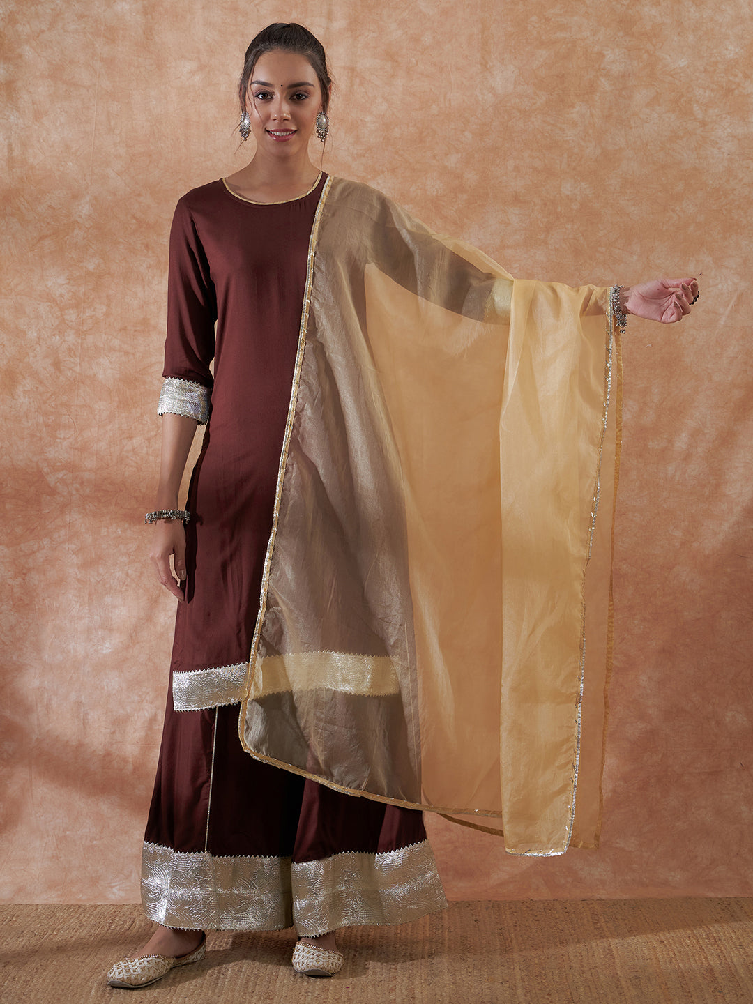 InWeave Women's Brown Gota Work Anarkali Kurta Set W Dupatta